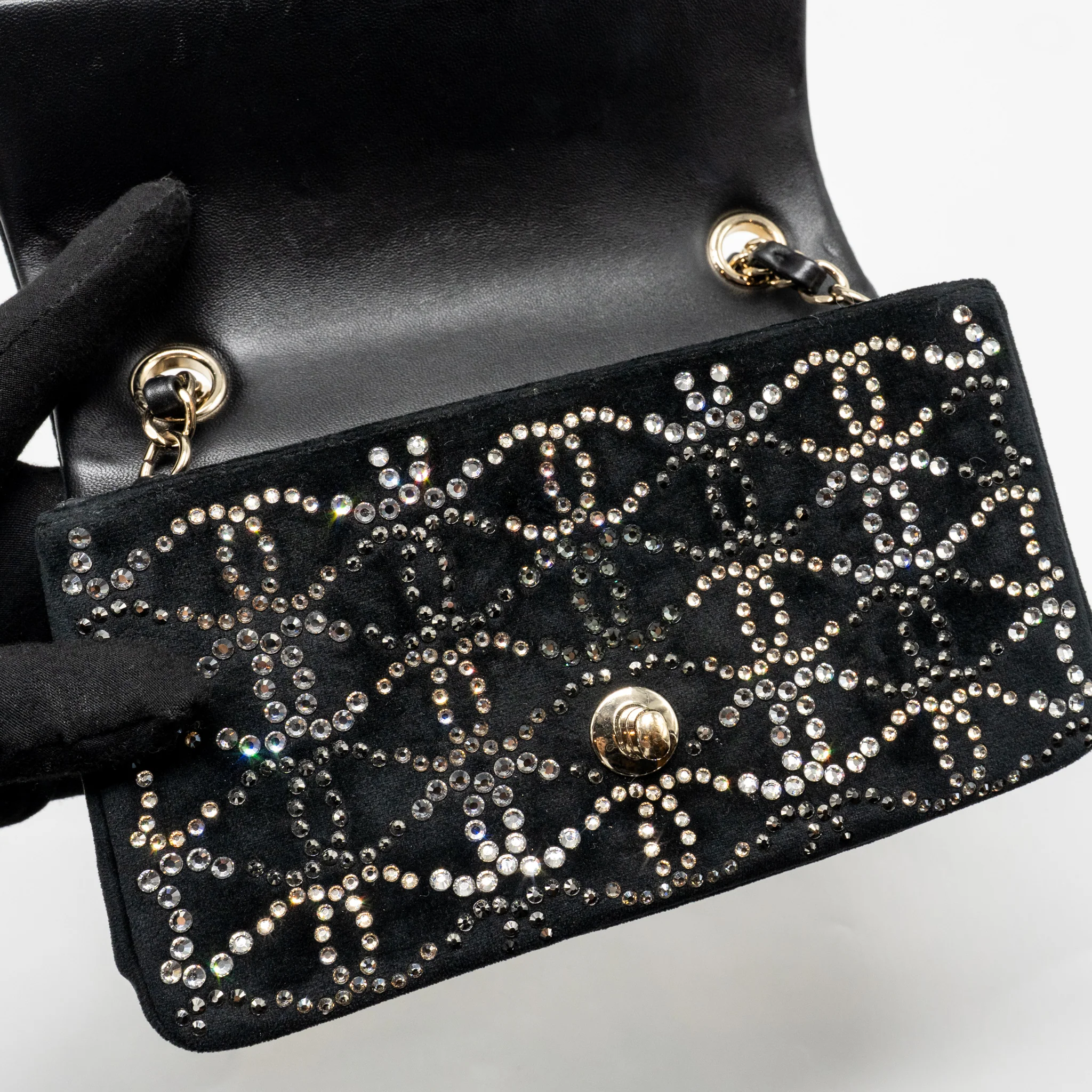 Chanel Mini Rectangular flap bag velvet with crystal black LGHW - Image 13