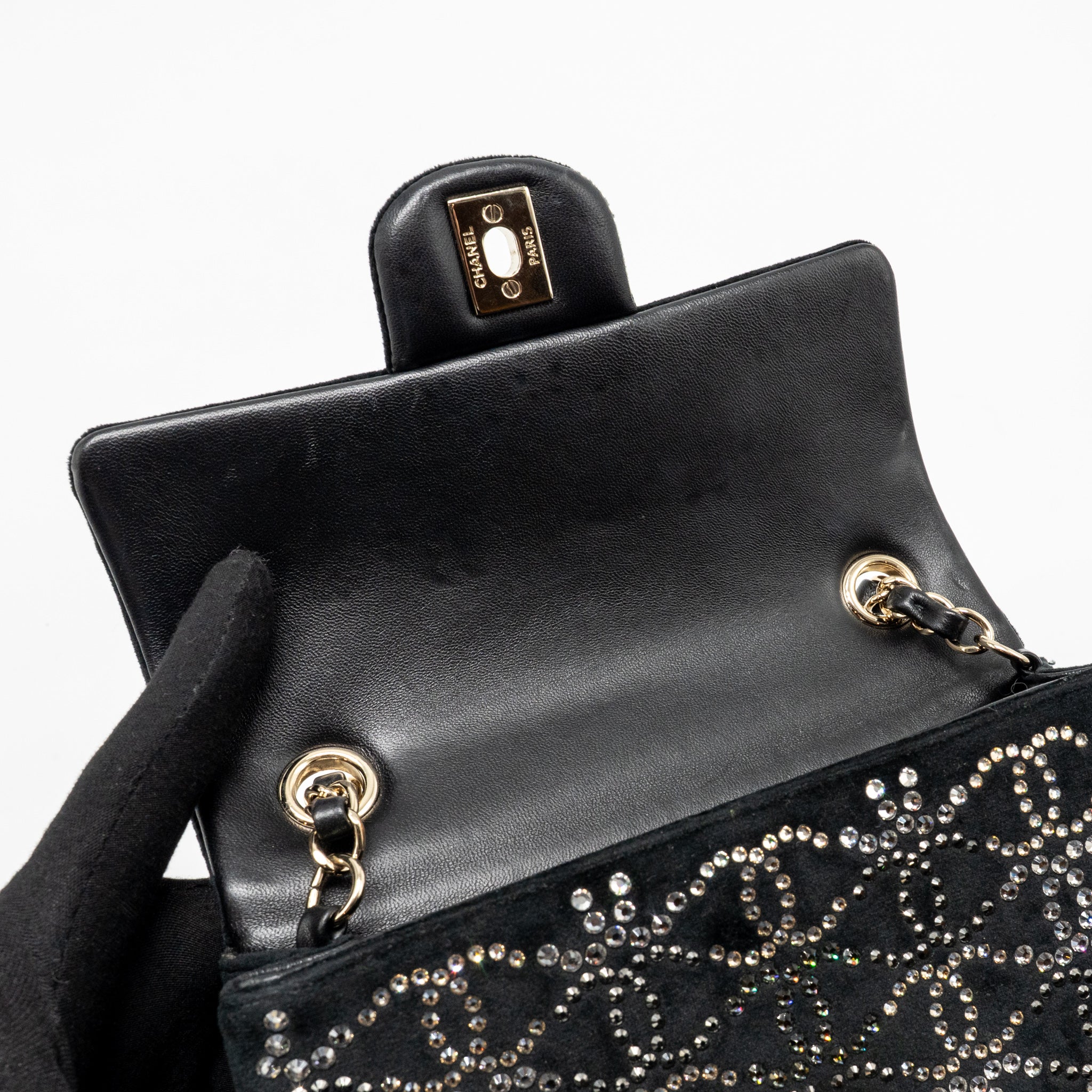 Chanel Mini Rectangular flap bag velvet with crystal black LGHW - Image 14