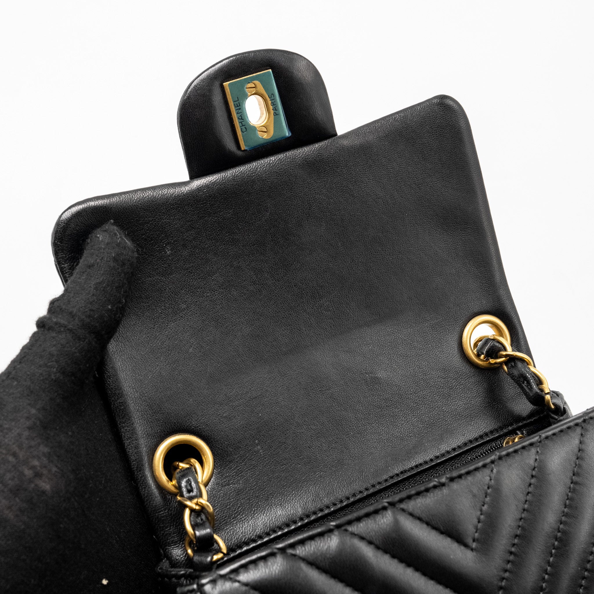 Chanel Mini Square Chevron Flap Bag Lambskin Black GHW - Image 13