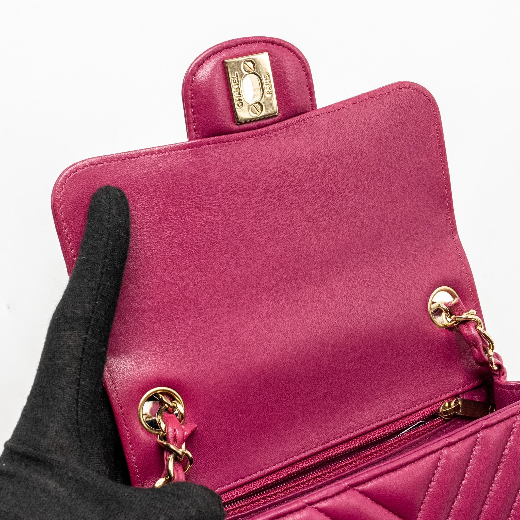 Chanel Mini Square Chevron Lambskin Raspberry Red LGHW - Image 14