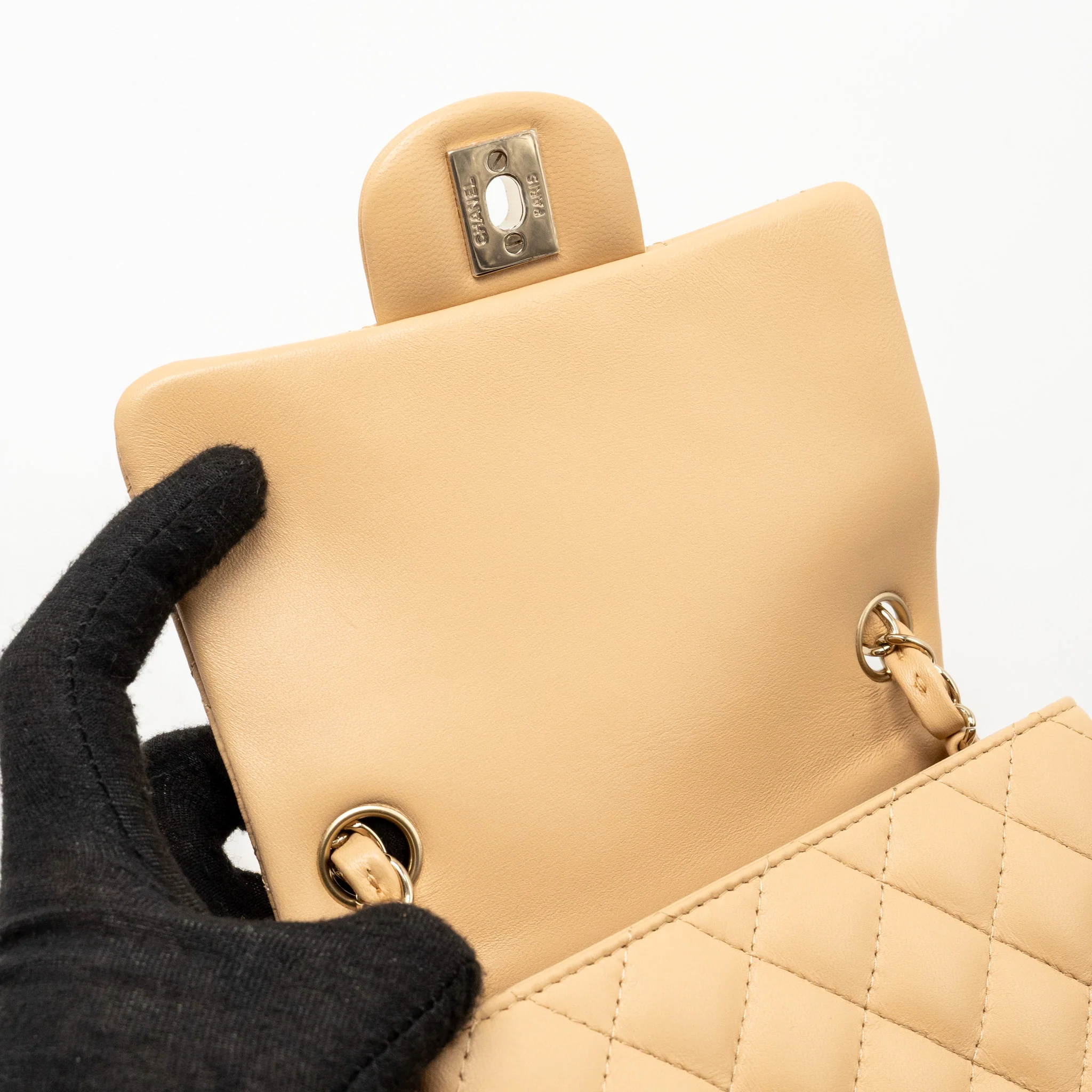 Chanel Mini Square Flap Bag Lambskin Beige LGHW (Microchip) - Image 13