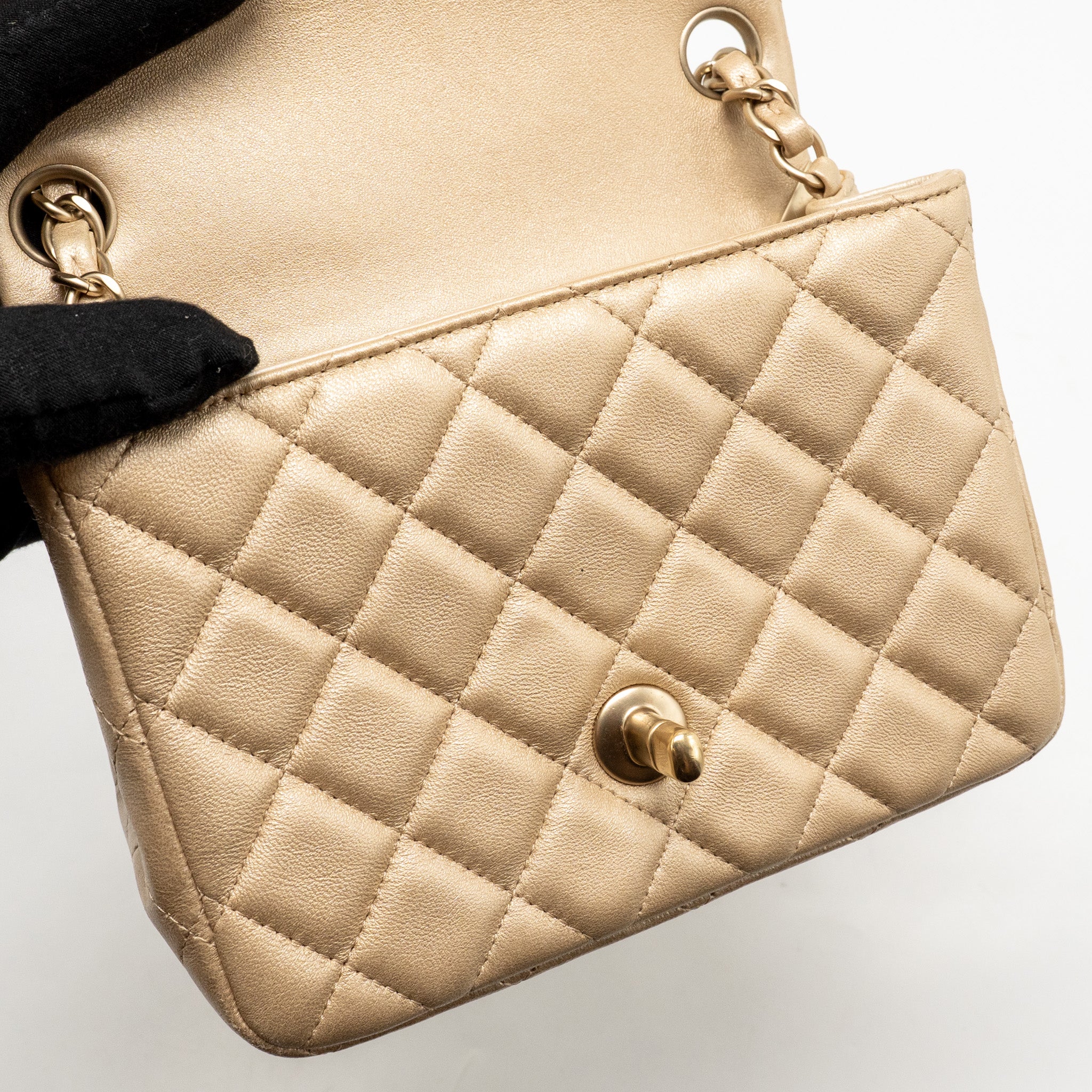 Chanel Mini Square flap Bag Lambskin Gold GHW - Image 13