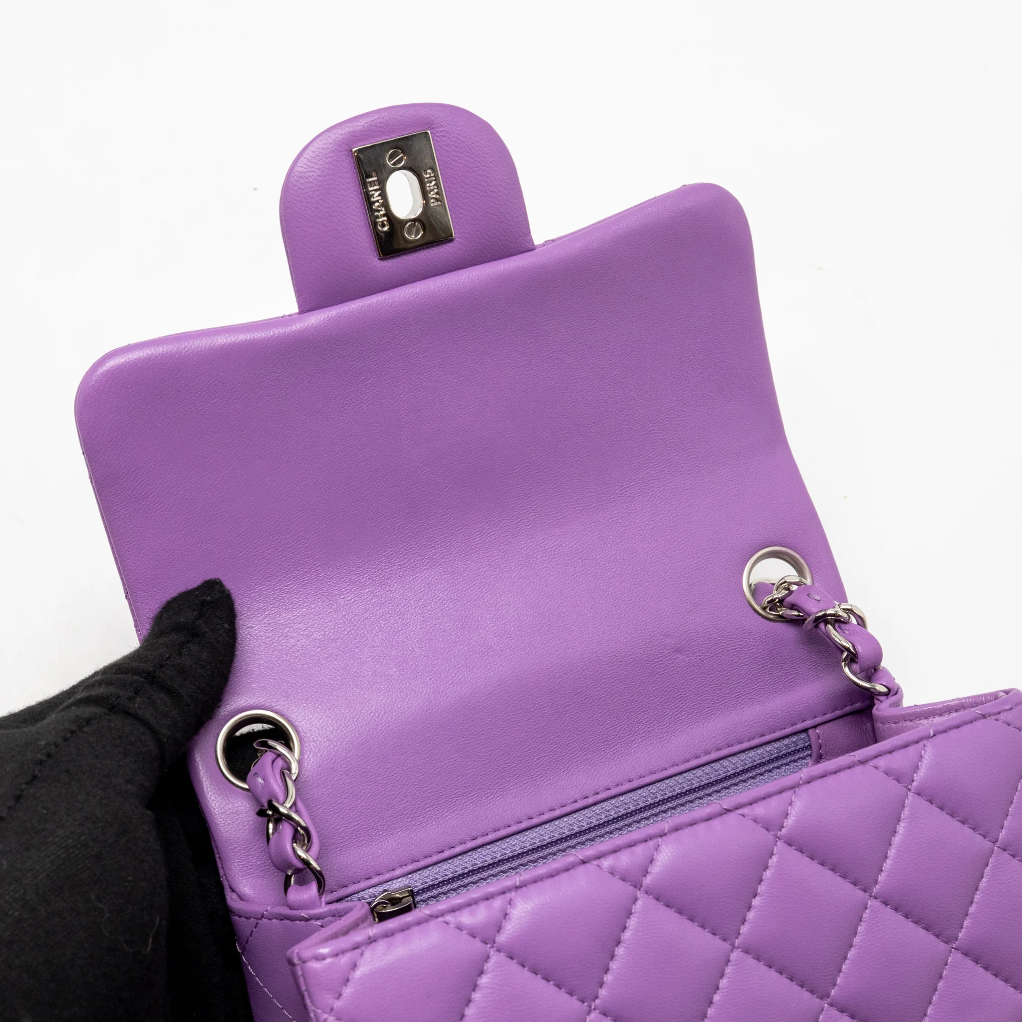 Chanel Mini Square Flap Bag Lambskin Purple SHW - Image 15