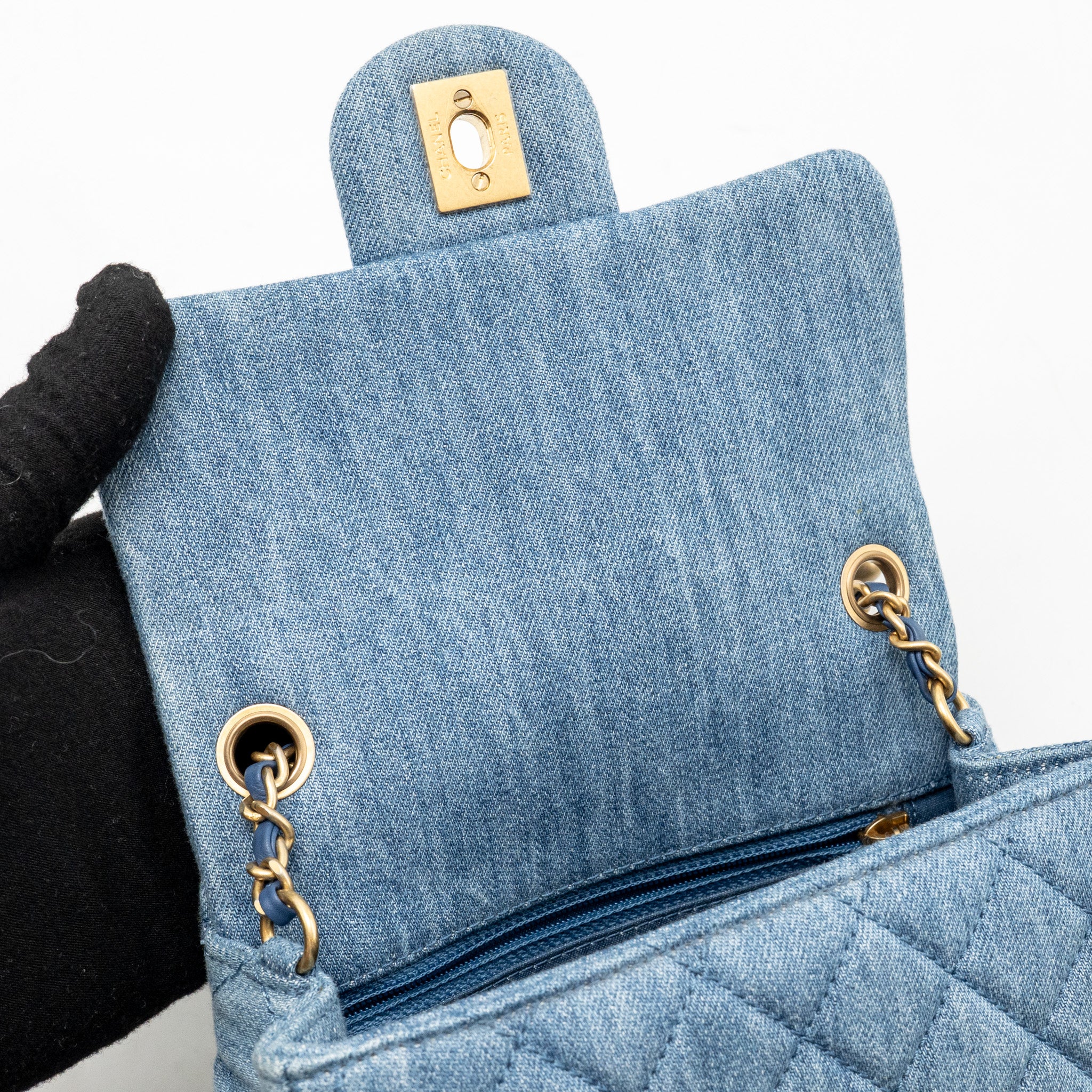 Chanel pearl crush mini square flap bag denim light blue GHW (microchip) - Image 15