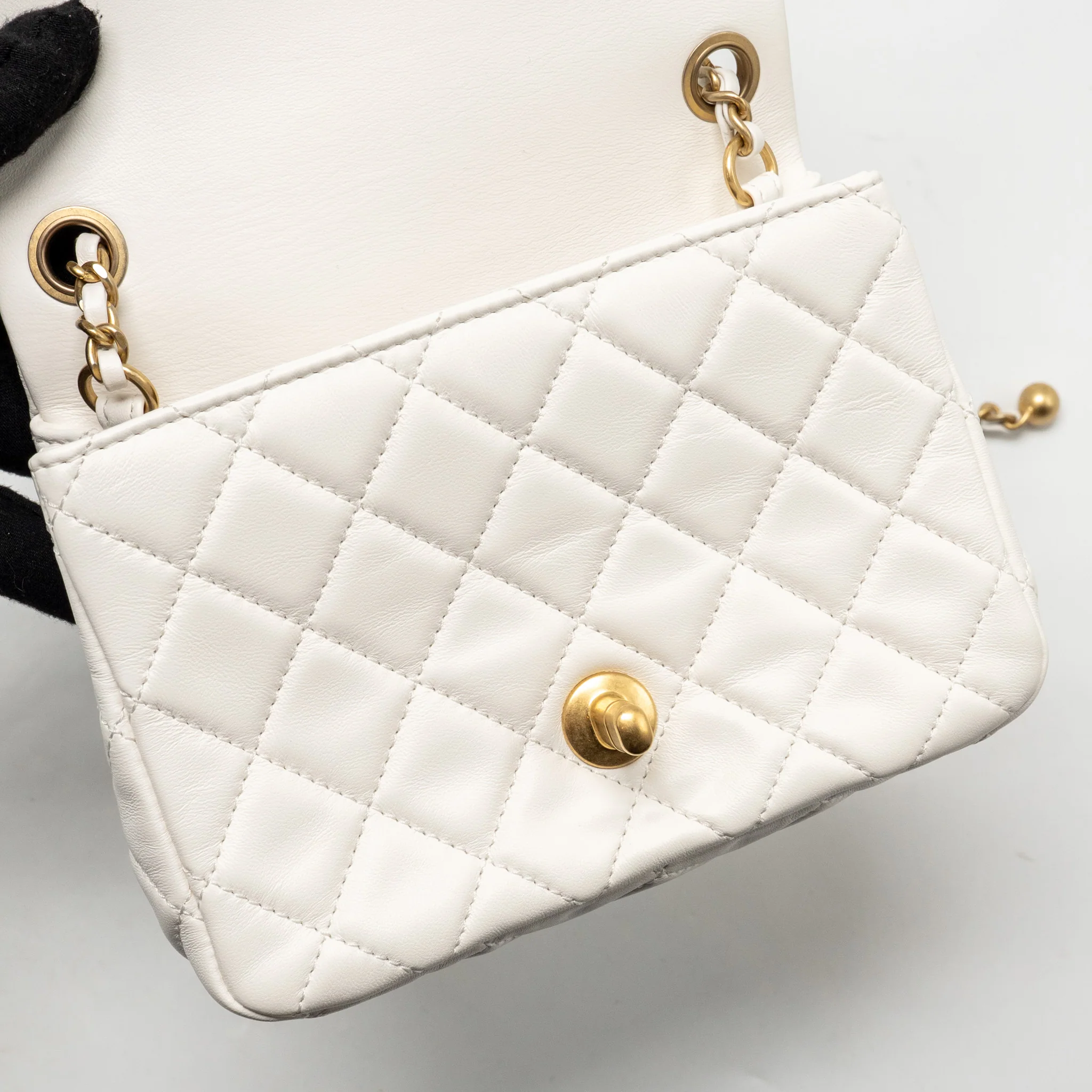 Chanel Pearl Crush Mini Square Lambskin White Brushed GHW (Microchip) - Image 14
