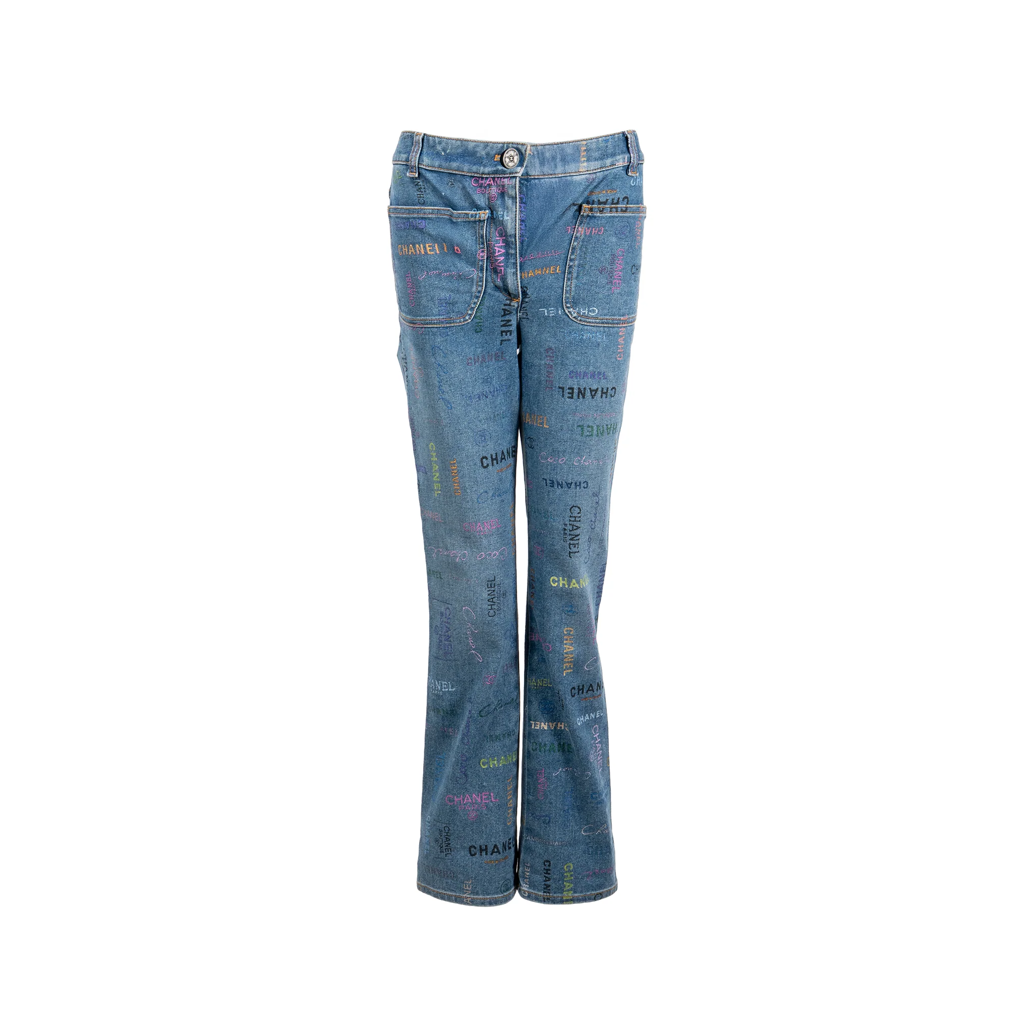 Chanel size 34 22p letter logo print straight jeans blue