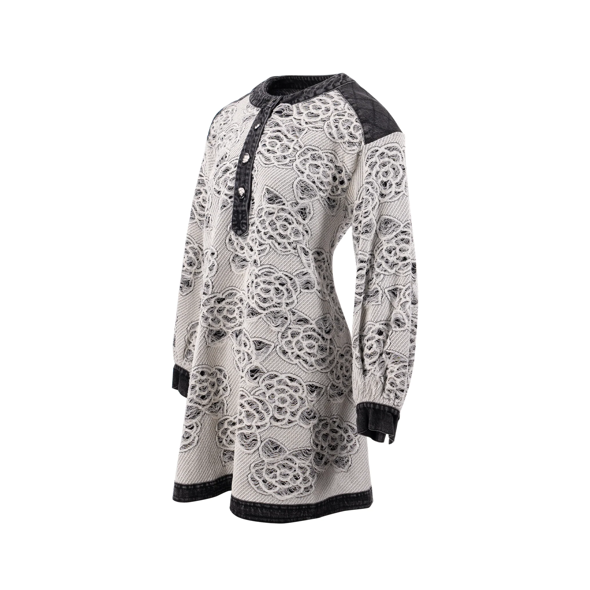 Chanel Size 34/36 Camellia Hollow-Out Denim Dress Cotton/Paper White/Black - Image 2