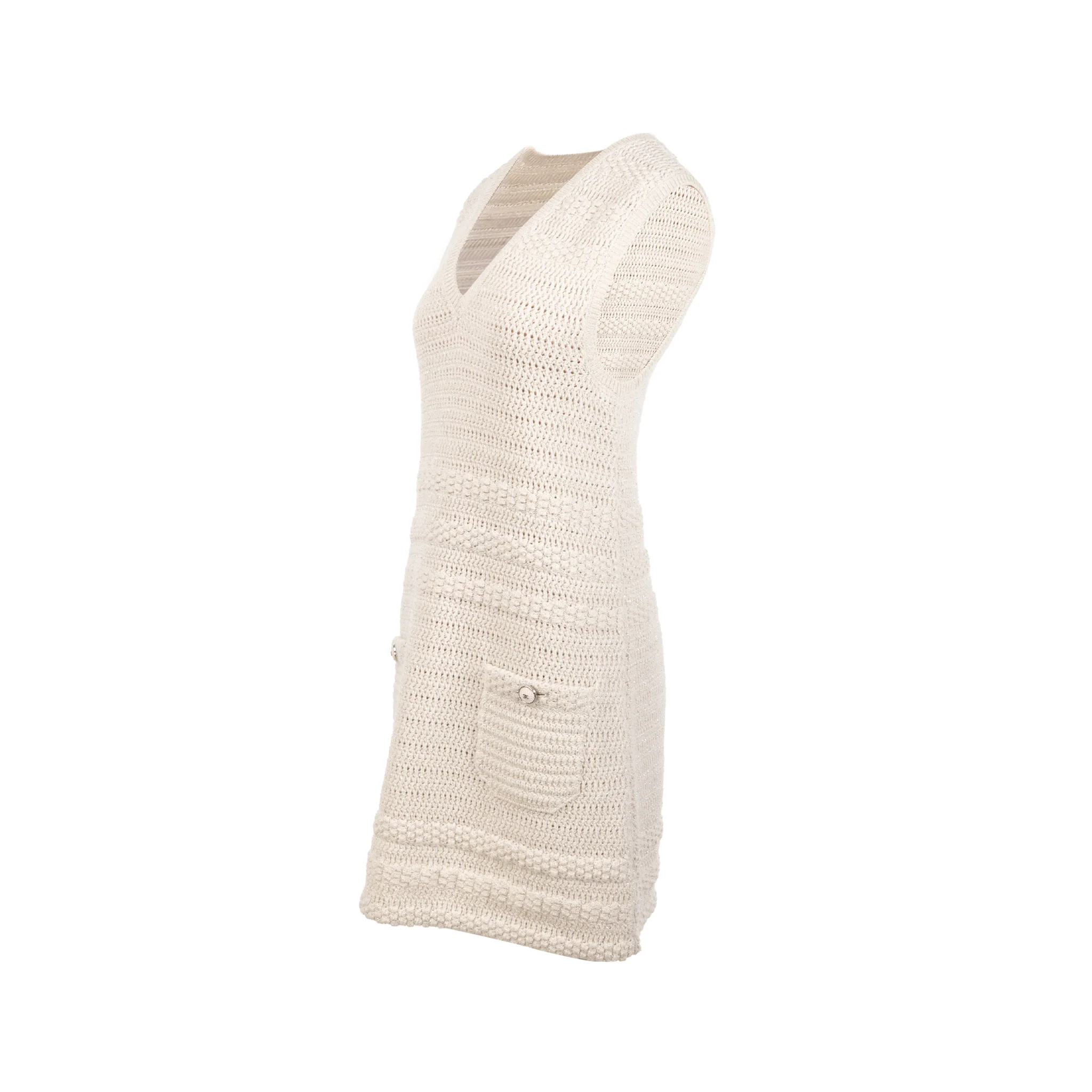 Chanel Size 36 21B Knit Sleeveless Mini Dress Wool Ecru / Silver - Image 2