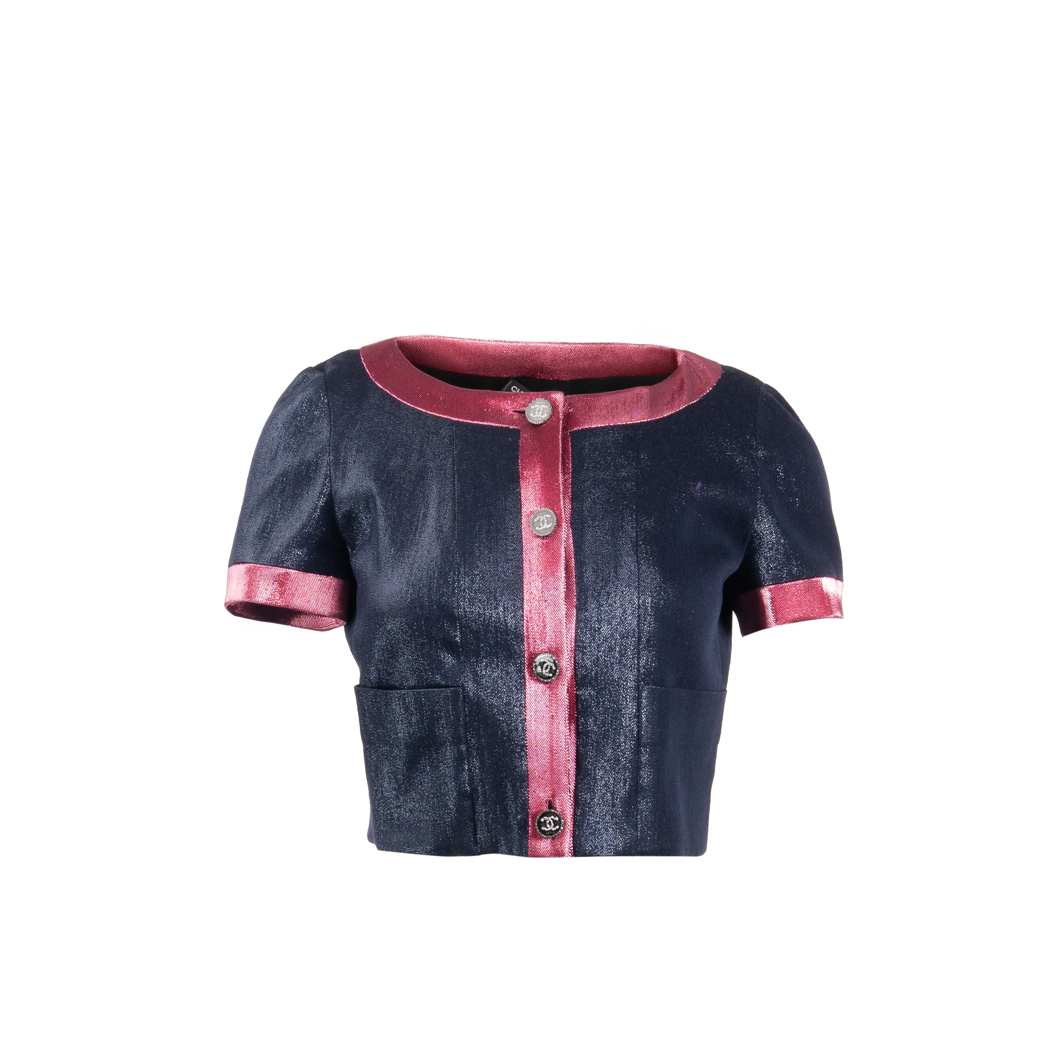 Chanel Size 36 22K CC Button Top Wool/Polyamide Metallic Navy Blue/Pink