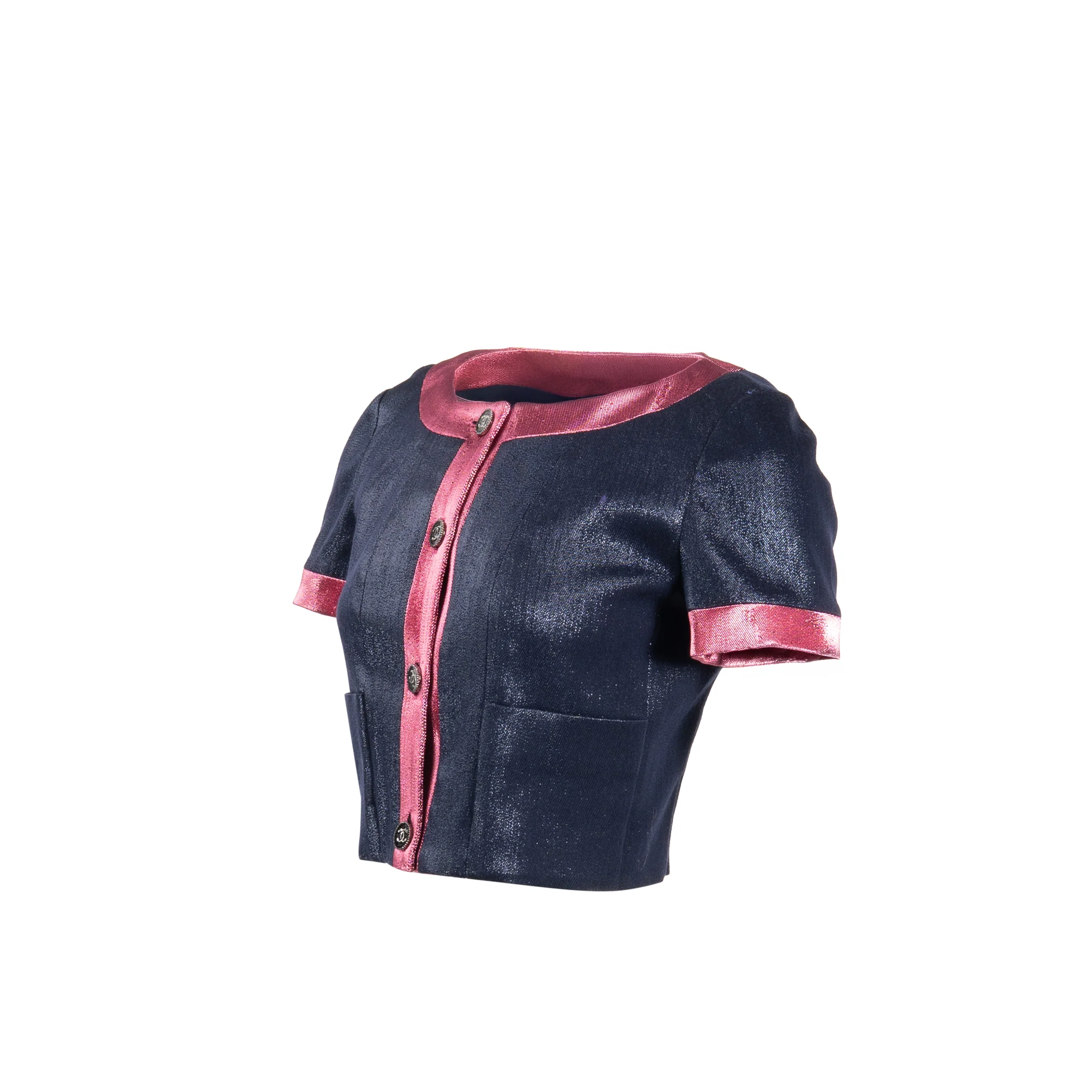 Chanel Size 36 22K CC Button Top Wool/Polyamide Metallic Navy Blue/Pink - Image 2