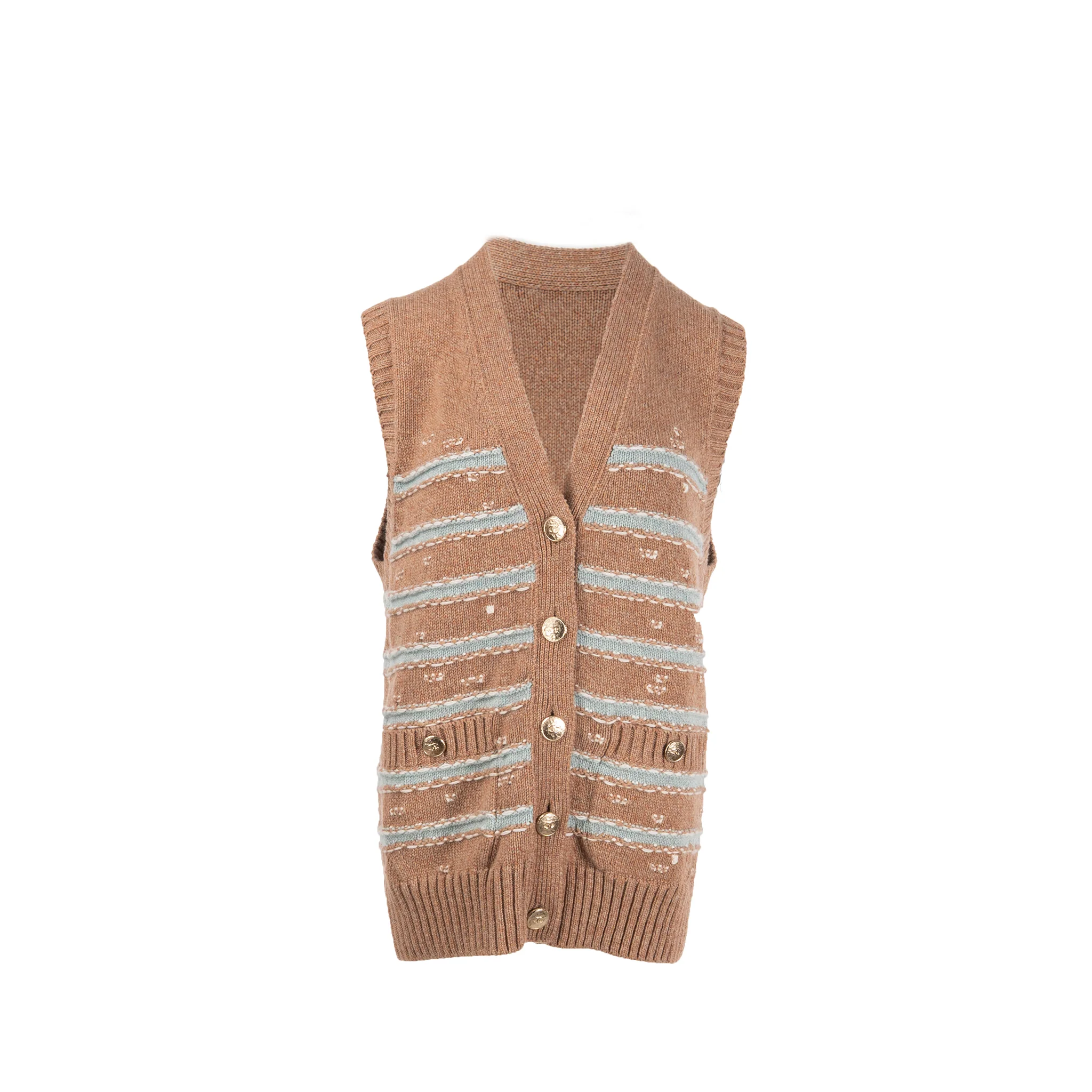 Chanel size 36 24k cashmere knit vest brown / light blue / white