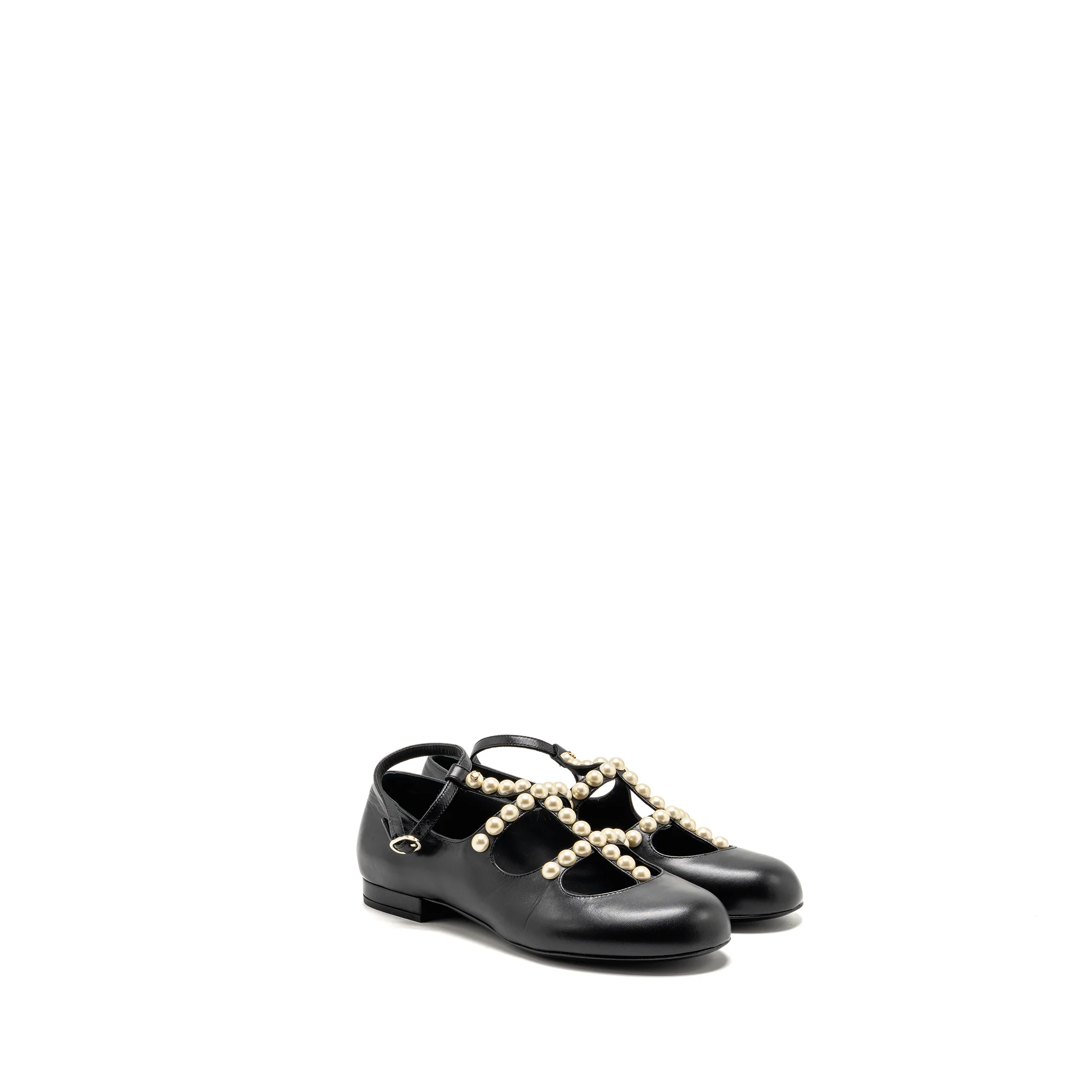 Chanel size 36.5 pearl studded Mary Jane flats lambskin black