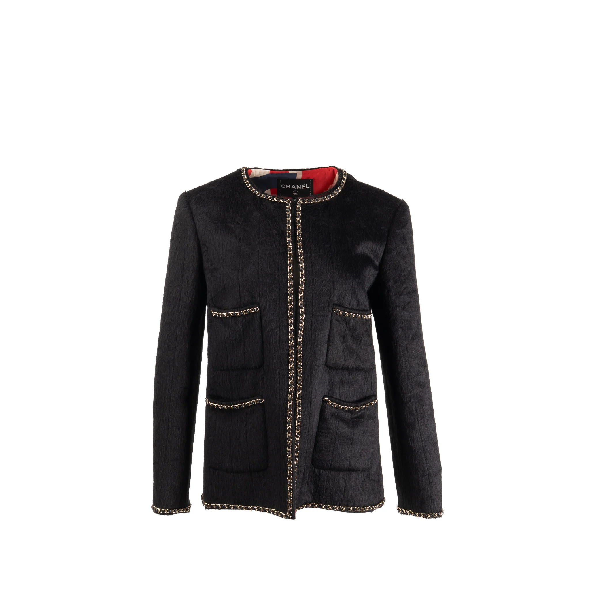 Chanel size 38 19B jacket llama / wool with chain detail black