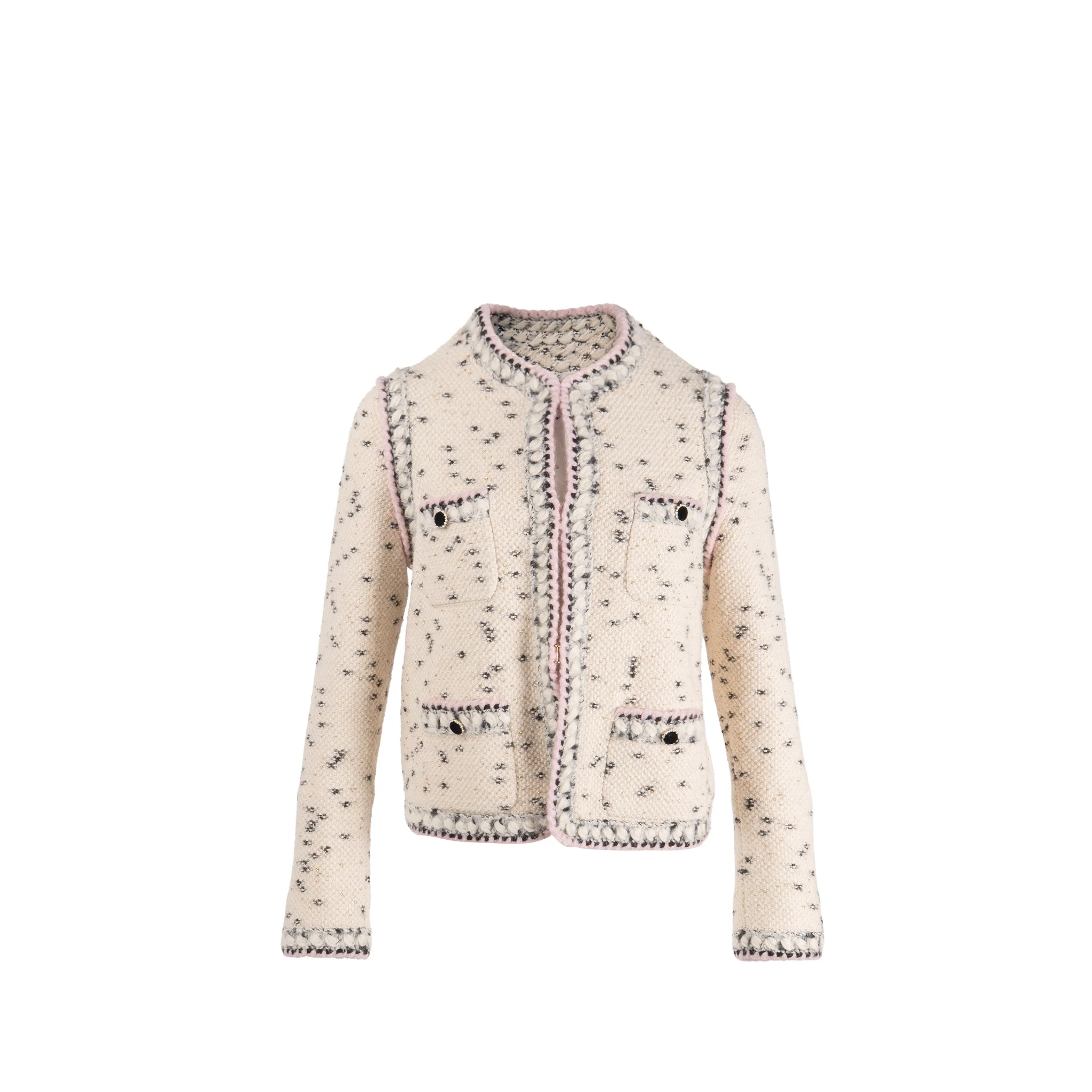 Chanel Size 38 21A Jacket Cashmere/Wool Ecru/Black/Gold/Pink