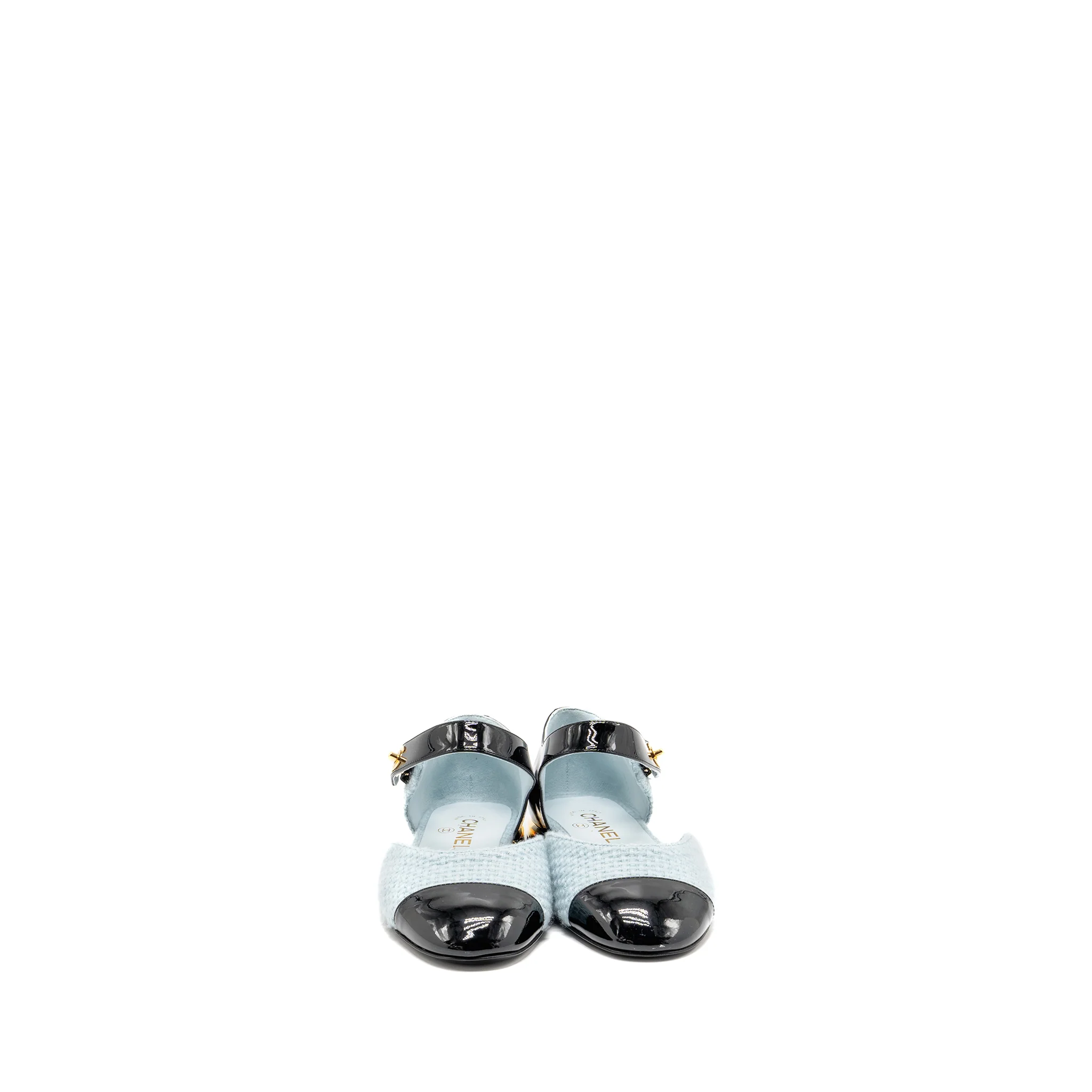 Chanel Size 39 21K Ballerinas Flat Shoes Tweed/Patent Calfskin Light Blue/ Black GHW - Image 2