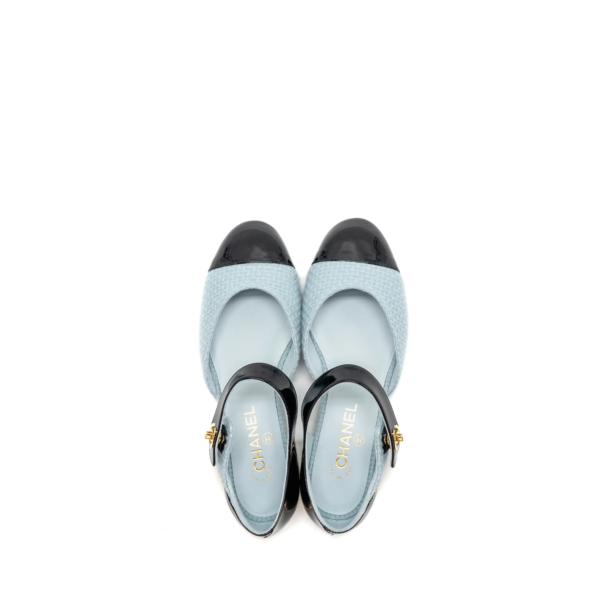 Chanel Size 39 21K Ballerinas Flat Shoes Tweed/Patent Calfskin Light Blue/ Black GHW - Image 4