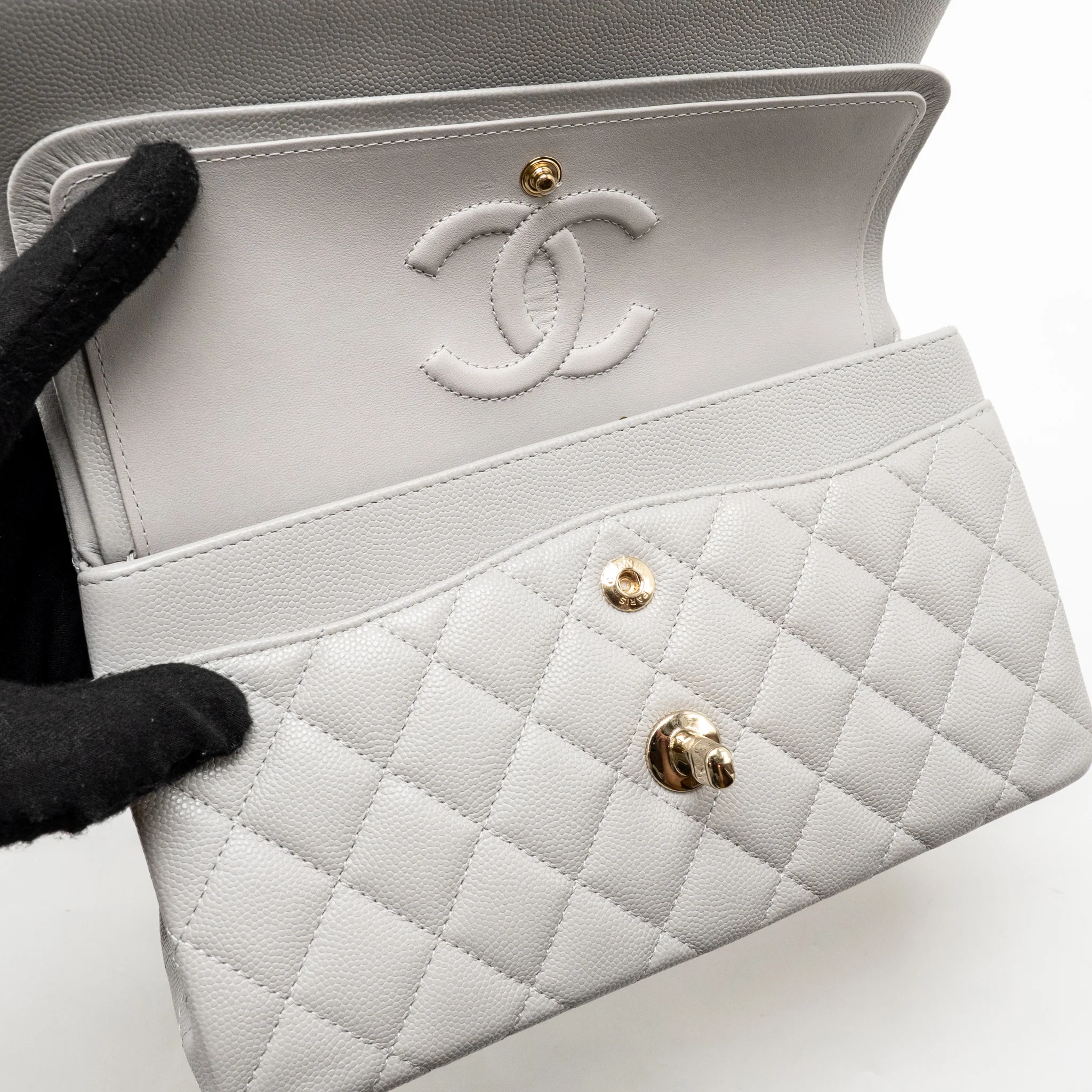 Chanel Small Classic Double Flap Bag Caviar Light Grey LGHW (Microchip) - Image 14