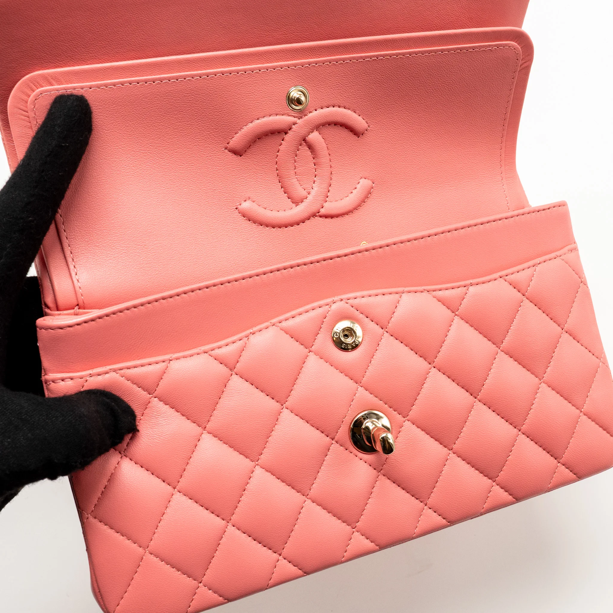 Chanel Small Classic Double Flap Bag Lambskin Pink LGHW (Microchip) - Image 14