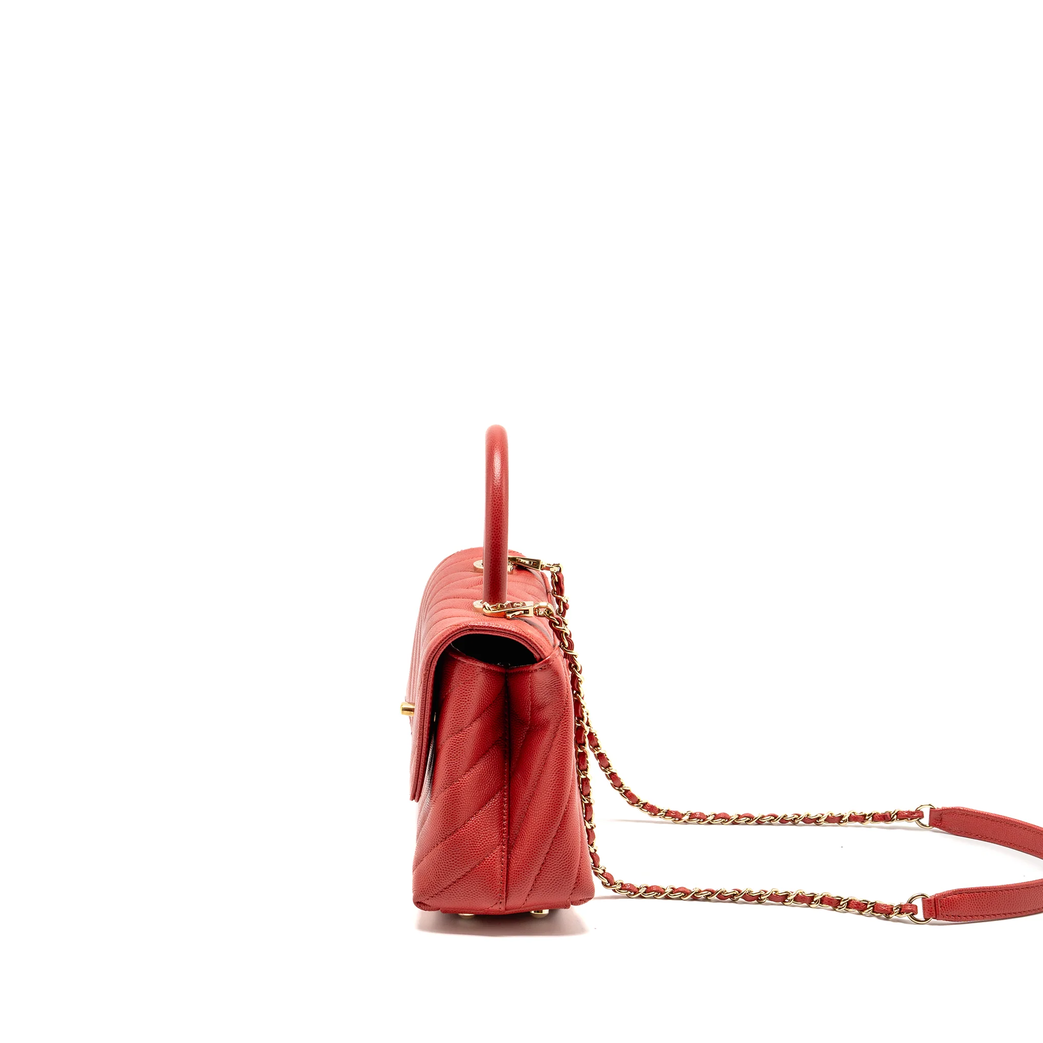 Chanel Small Coco Handle Chevron Caviar Red GHW - Image 4