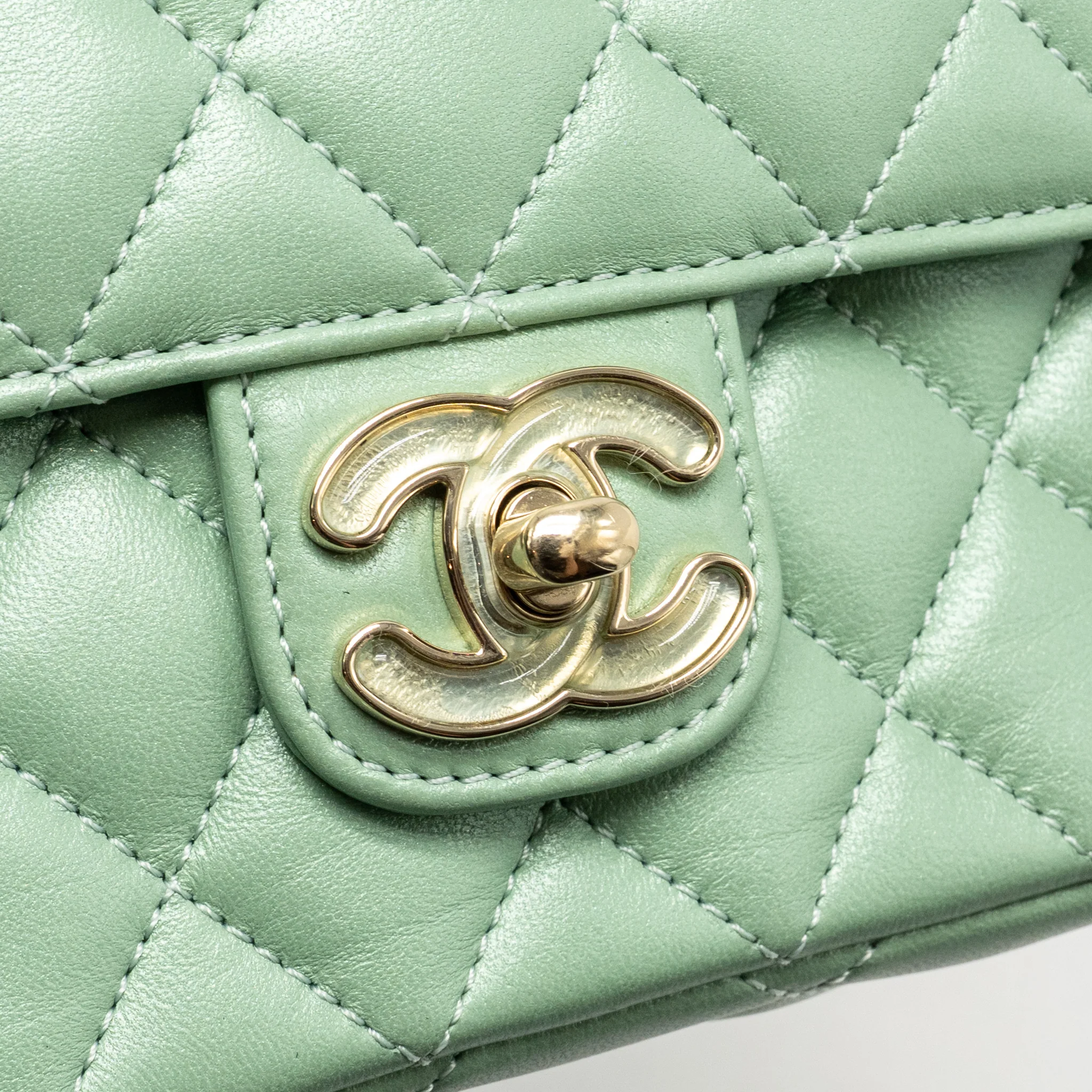 Chanel square flap bag candy heart quilted lambskin light green LGHW (microchip) - Image 13