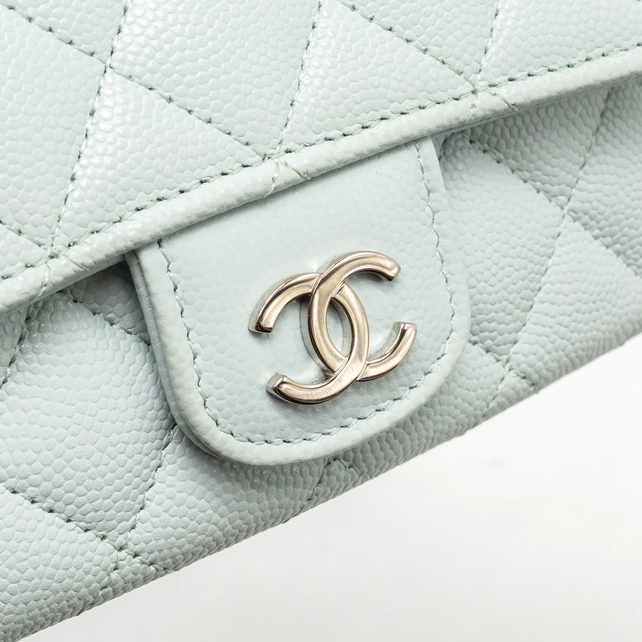 Chanel Sunglasses Case Clutch with Chain Caviar Light Blue SHW - Image 10
