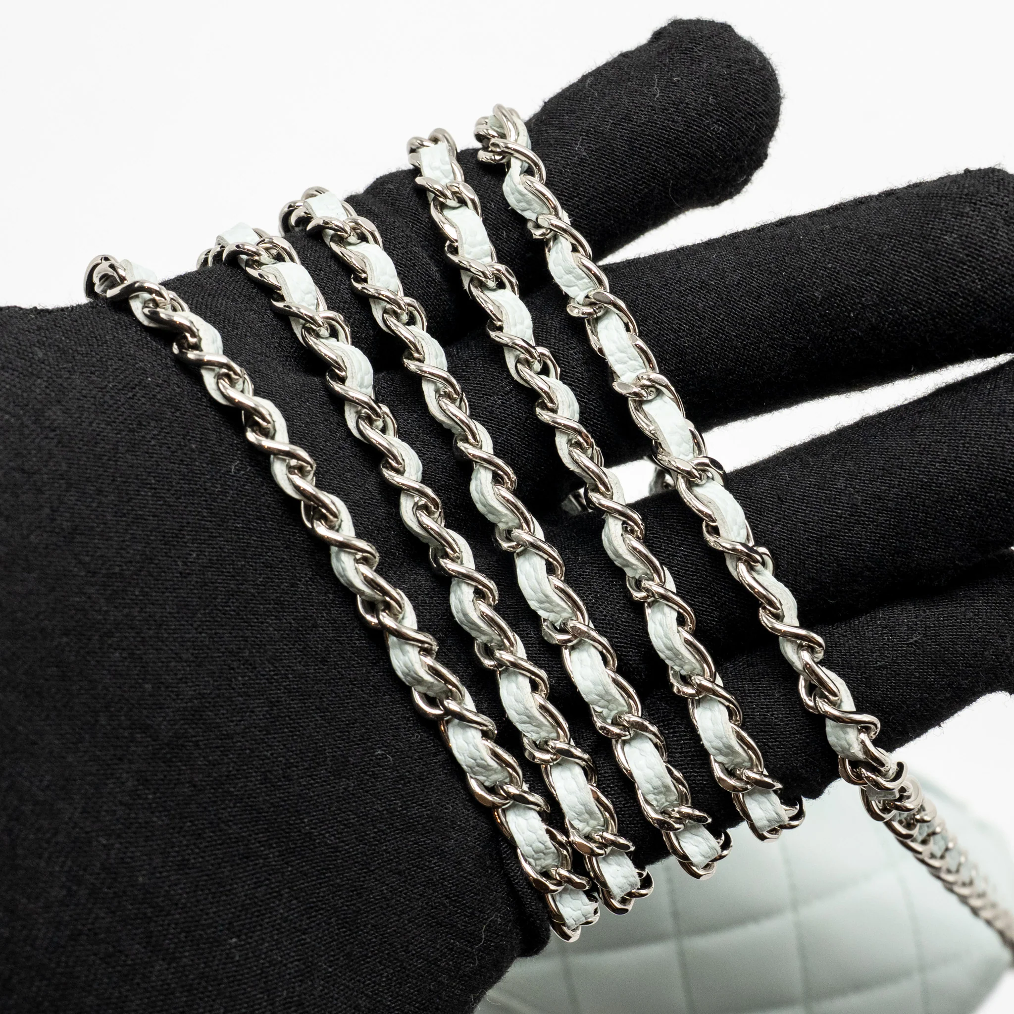 Chanel Sunglasses Case Clutch with Chain Caviar Light Blue SHW - Image 17