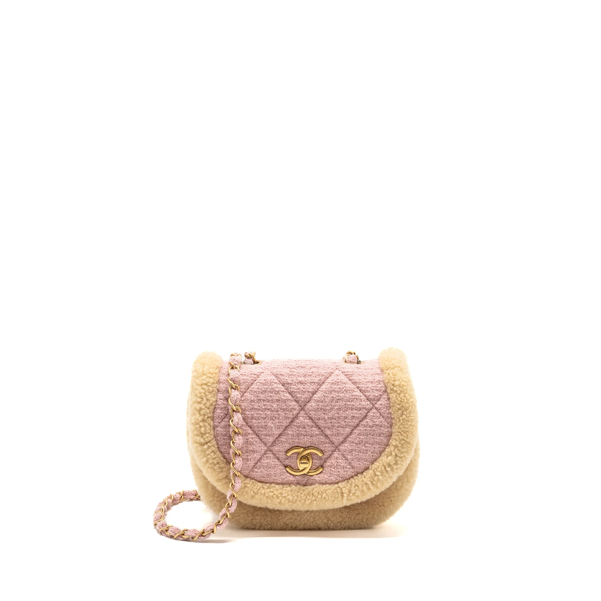 Chanel 22K Cozy Coco Round Flap Bag Tweed/Shearling Pink GHW (Microchip)