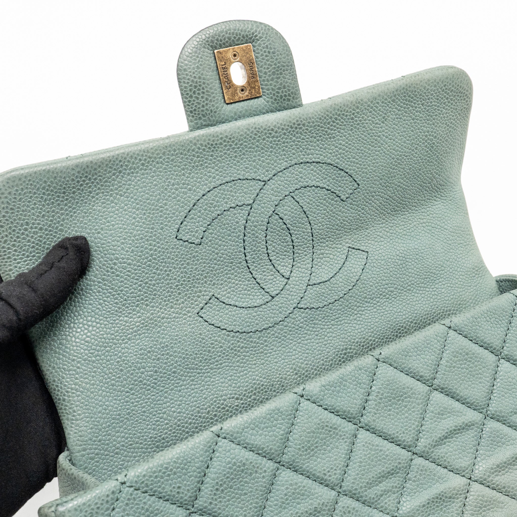 Chanel Top Handle Flap Shoulder Bag with Chain Caviar Dark Green GHW - Image 15