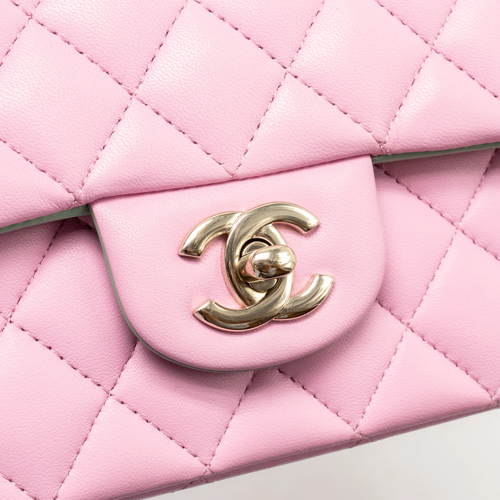 Chanel Top Handle Mini Rectangular Flap Bag Lambskin pink / Light Green LGHW (Microchip) - Image 14