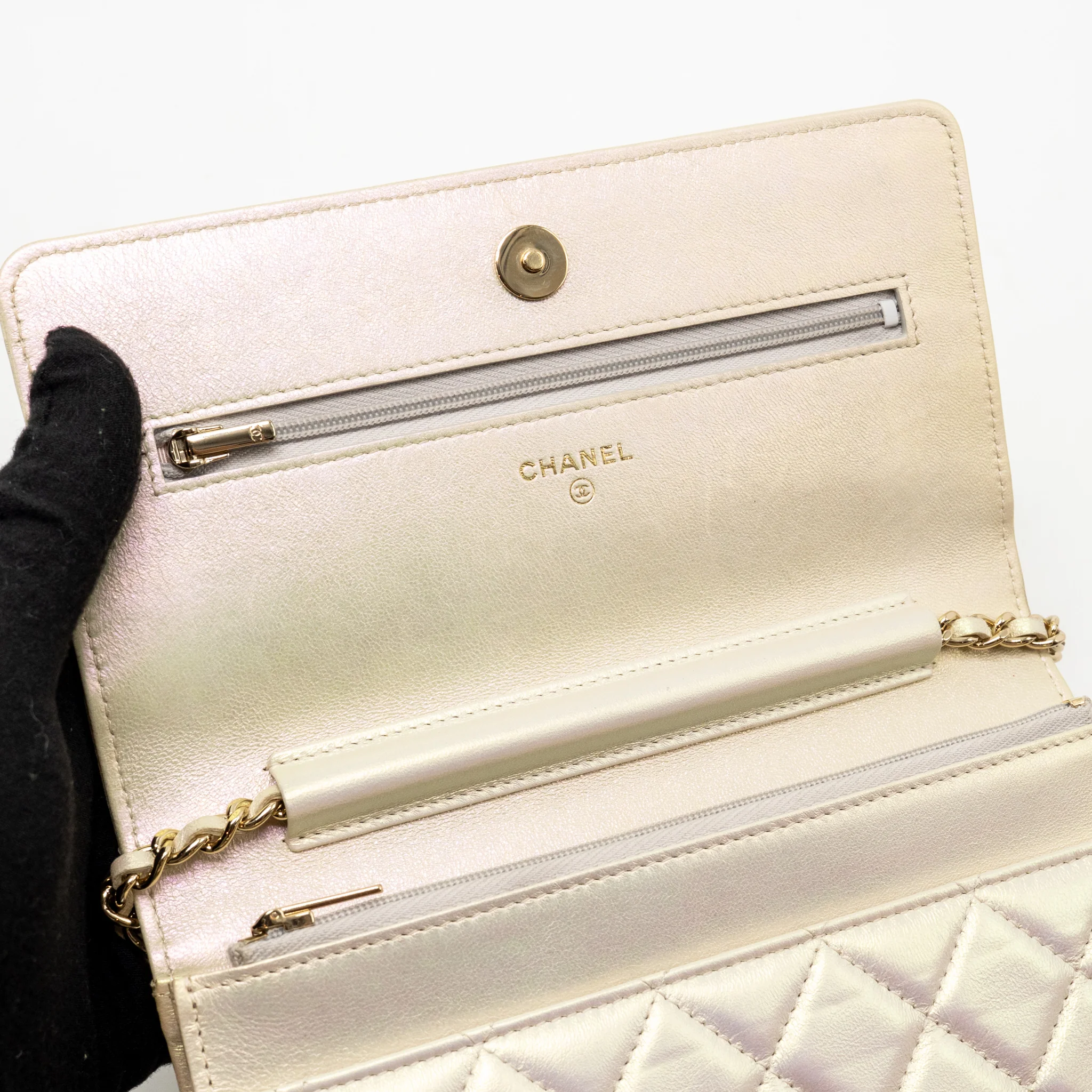 Chanel Wallet on Chain Lambskin Iridescent Ivory LGHW - Image 14