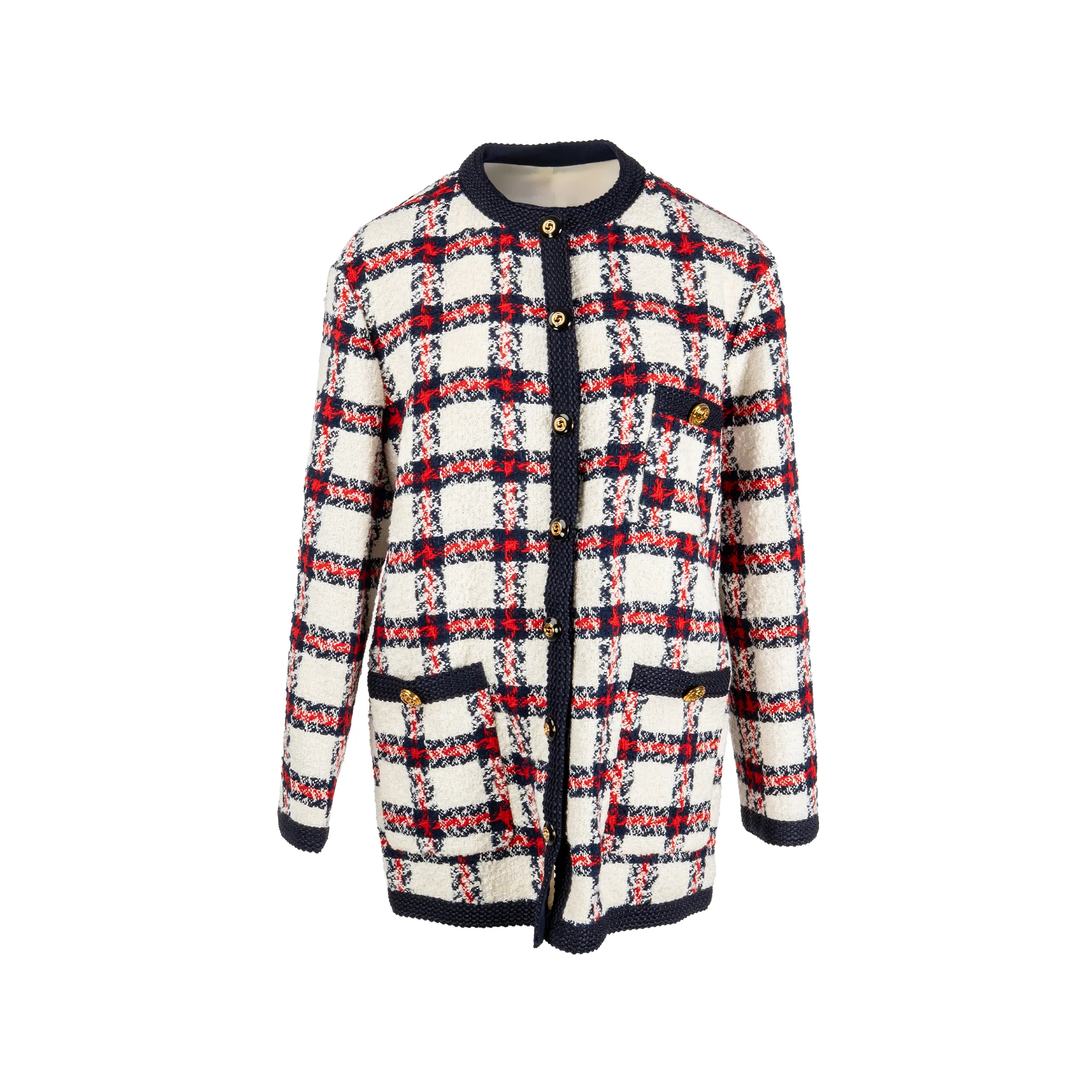 Gucci Size 44 Checked Tweed Jacket Polyamide/Wool/Cotton Red/White/Blue GHW