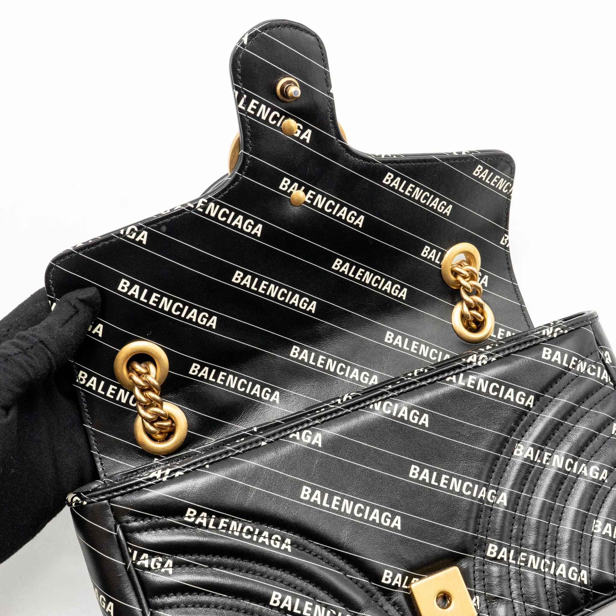 Gucci x Balenciaga The Hacker Project Small GG Marmont Bag Chevron Leather Black/White GHW - Image 12