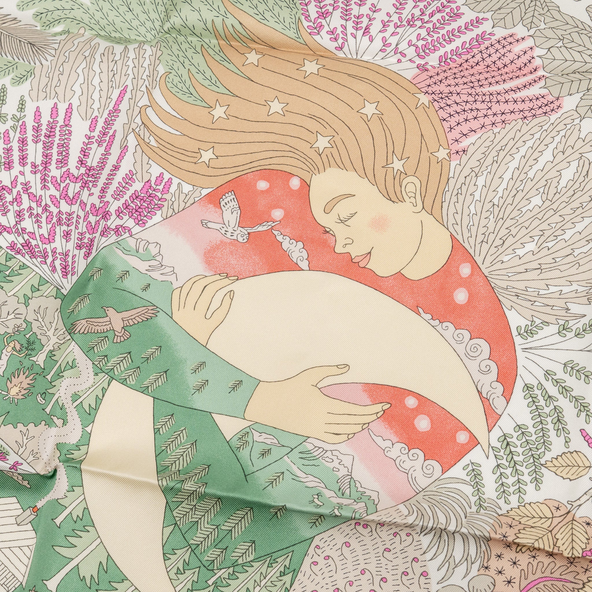 Hemes 90cm Silk Scarf Dans Les Bras de Selene Blanc/ Rose/ Vert - Image 3