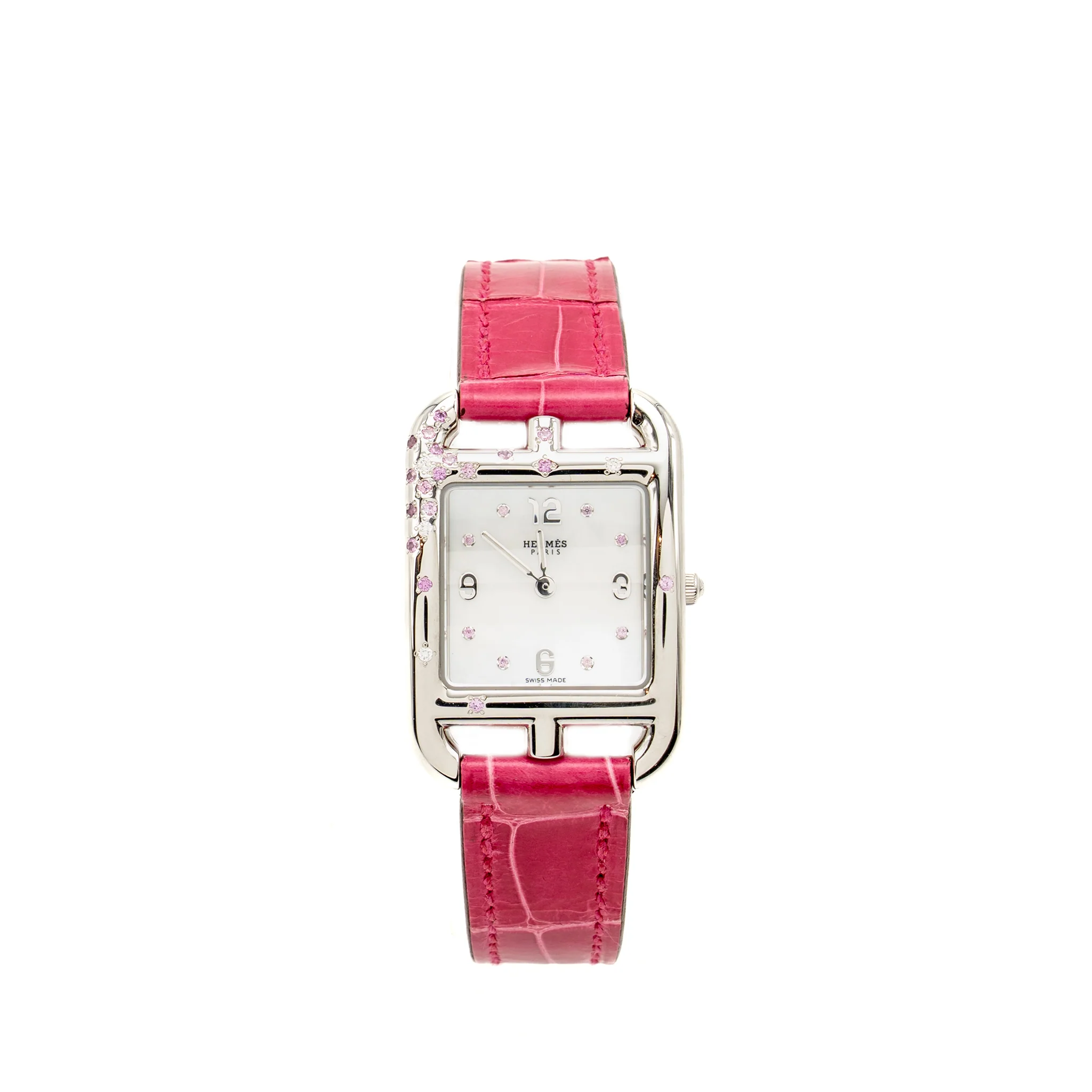 Hermes Cape Cod Watch Small Model 31mm Steel Case, Mother of Pearl Dial with Diamonds Alligator Raspberry Strap