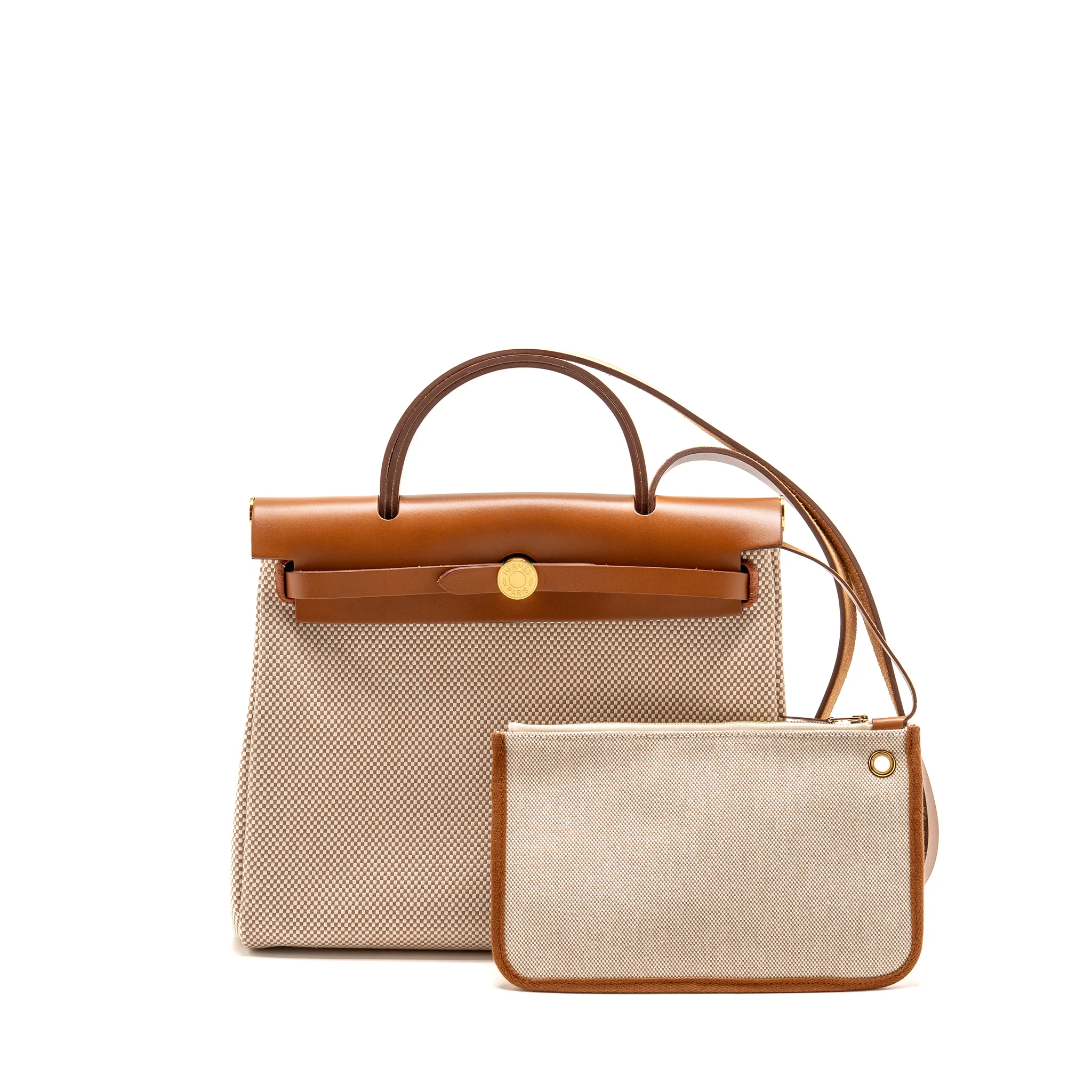 Hermes Herbag 31 Zip Bag Canvas/Hunter Leather Ecru-Beige/Fauv GHW Stamp B