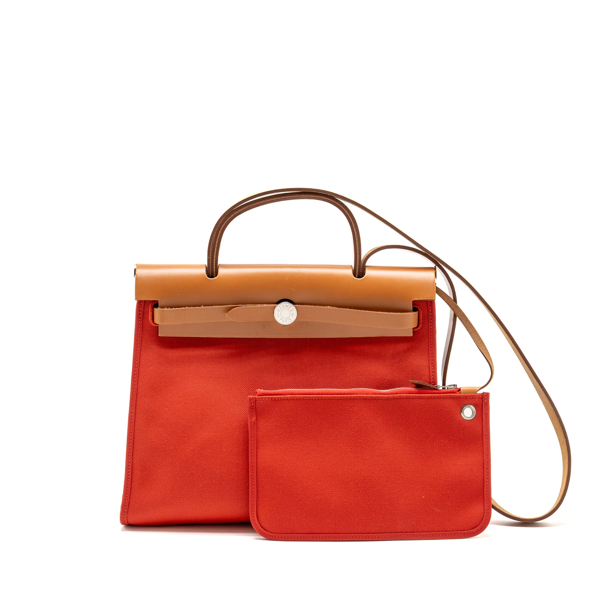 Hermes Herbag 31 Zip Bag Canvas/ Hunter Leather Rough Tomate SHW Stamp A