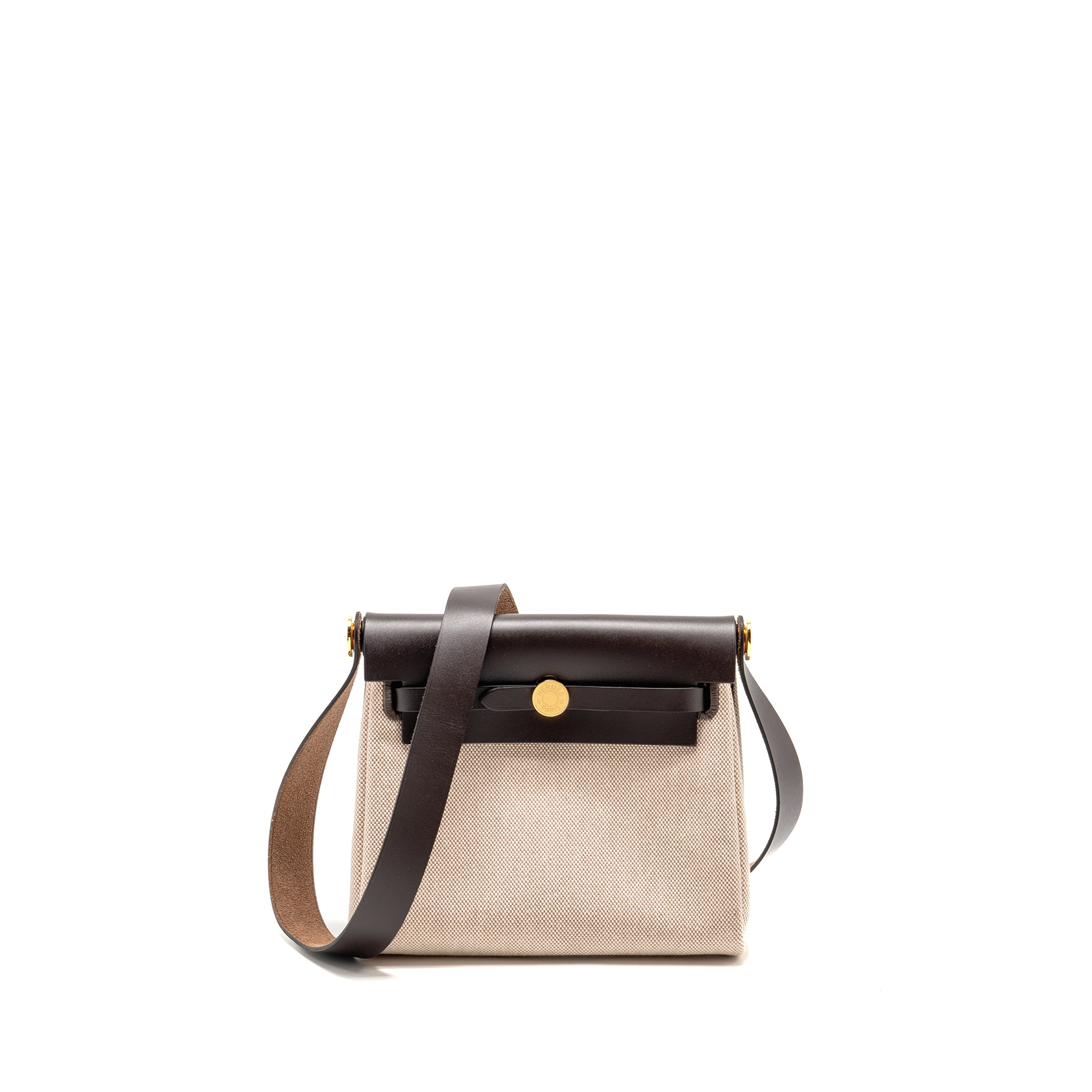 Hermes HerbagMini Canvas/Hunter Leather Ecru-Beige/Ebene GHW Stamp W