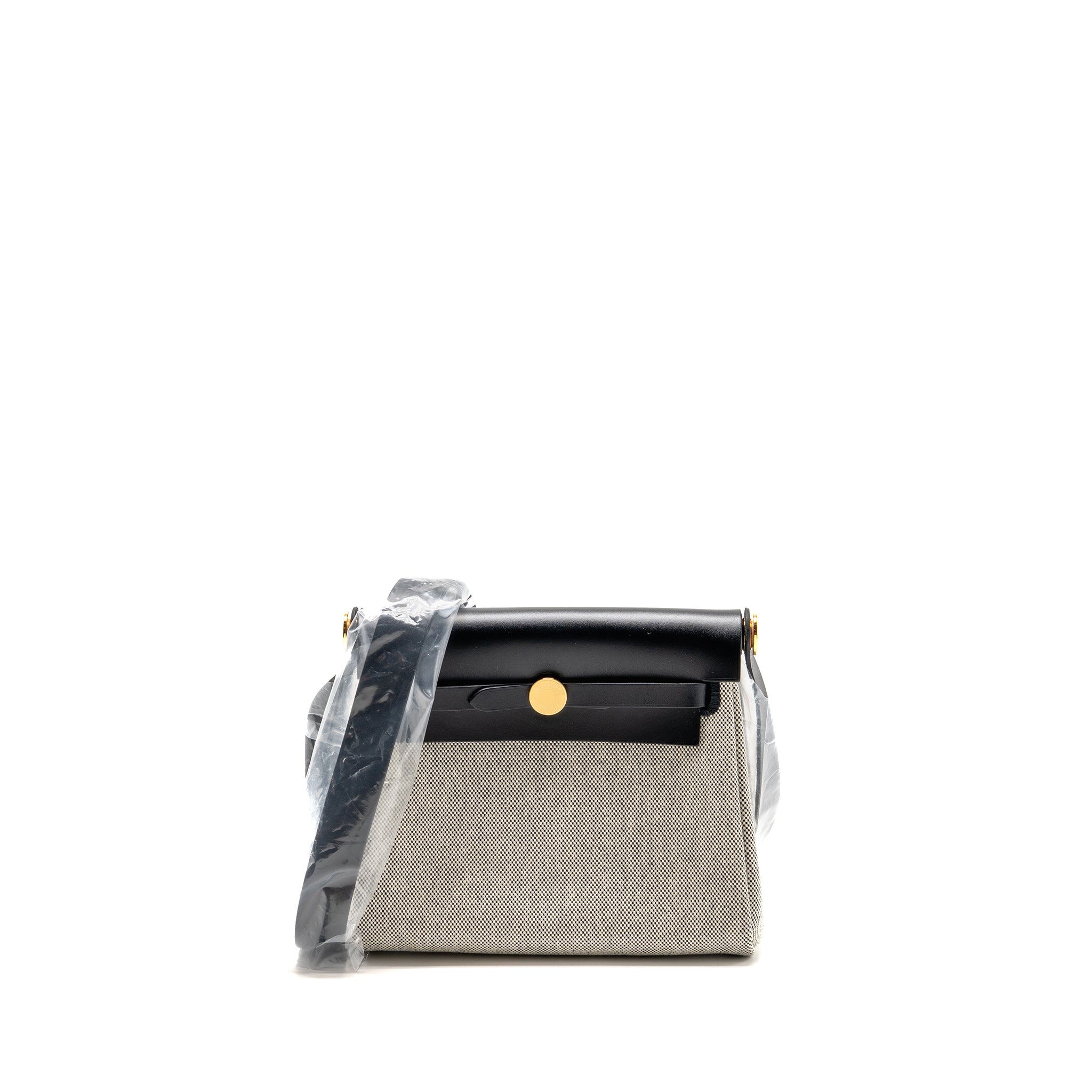 Hermes Herbag Mini Canvas/Hunter Leather Ecru-Noir/Noir GHW Stamp K