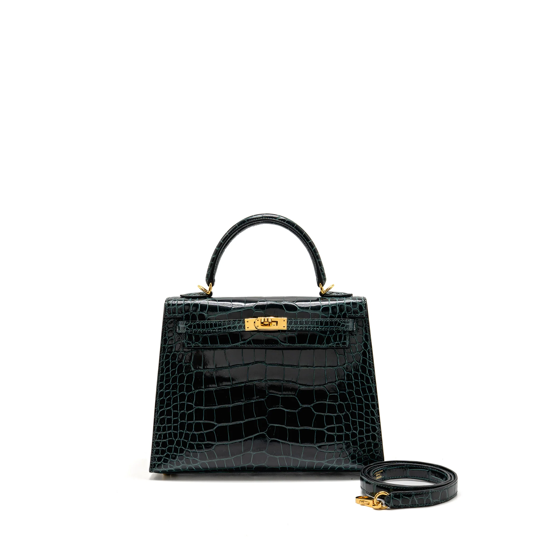 Hermes Kelly 25 shiny alligator mississippiensis vert cypres GHW stamp B