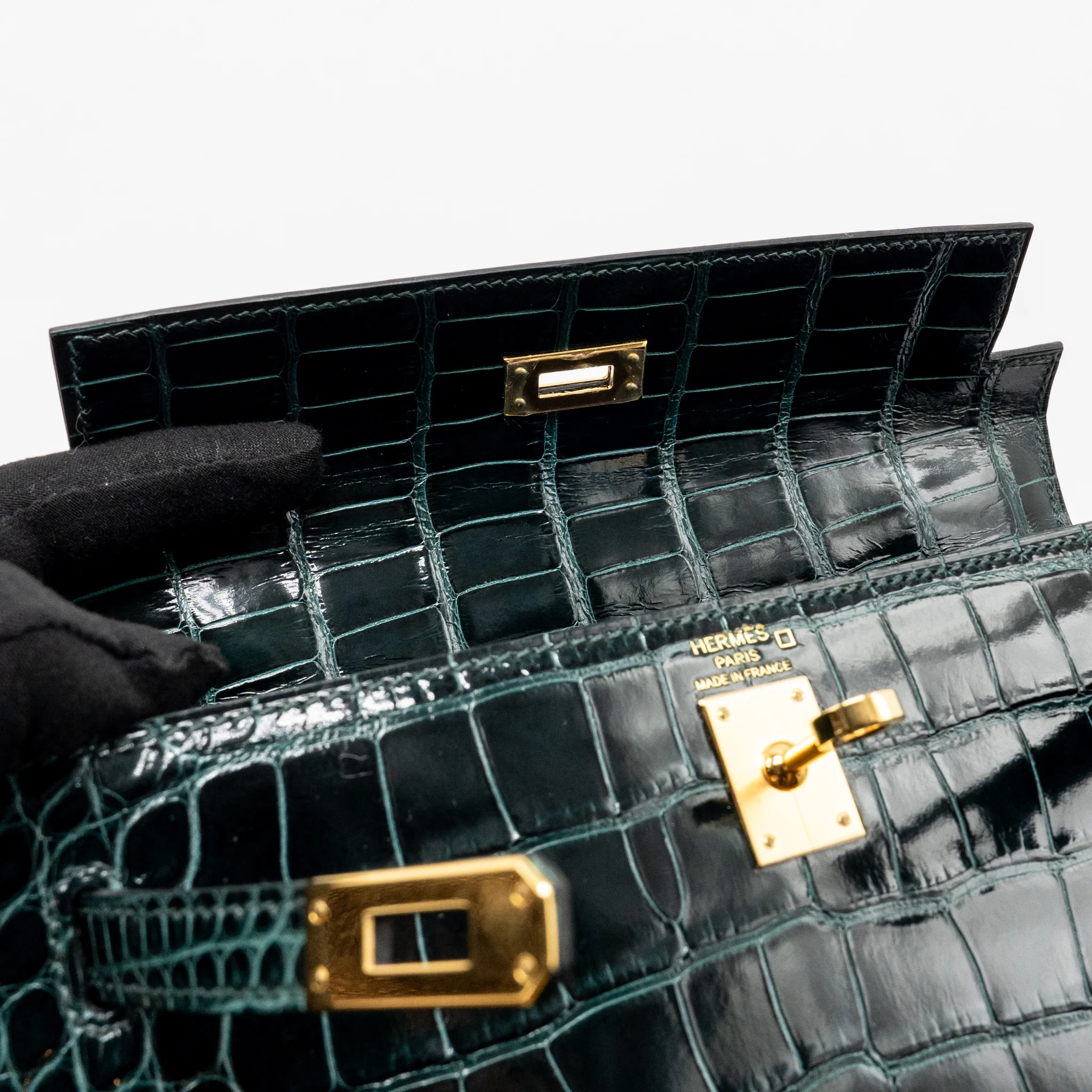 Hermes Kelly 25 shiny alligator mississippiensis vert cypres GHW stamp B - Image 16