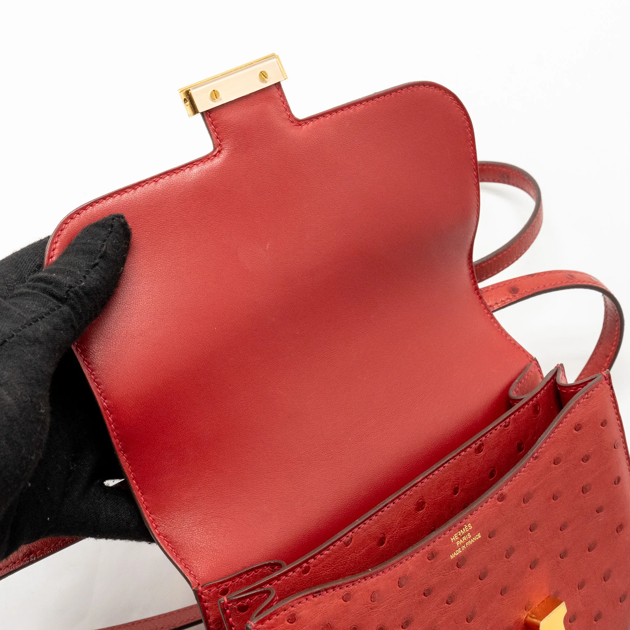Hermes Mini Constance Ostrich Rouge Vif GHW Stamp A - Image 13