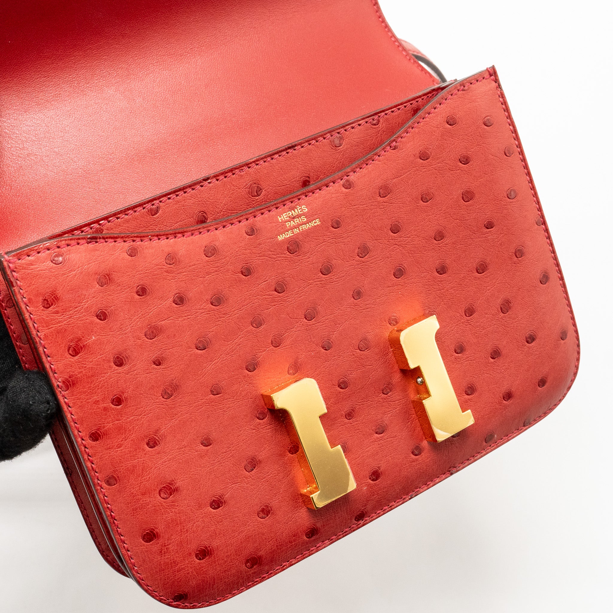 Hermes Mini Constance Ostrich Rouge Vif GHW Stamp A - Image 14