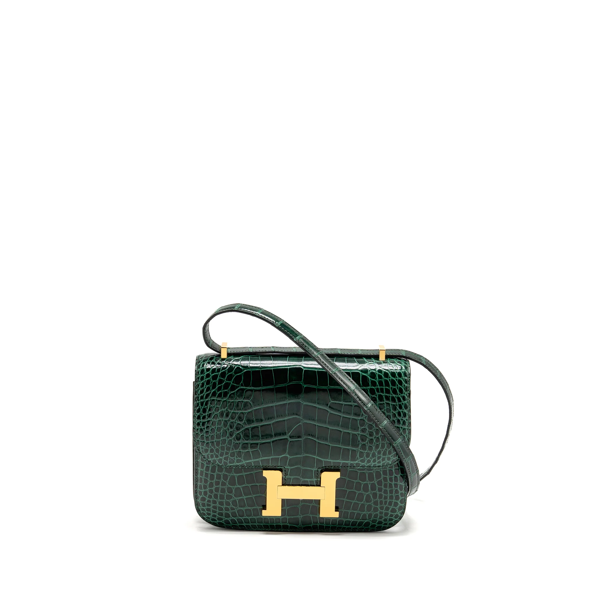 Hermes mini constance shiny alligator mississippiensis vert fonce GHW stamp U