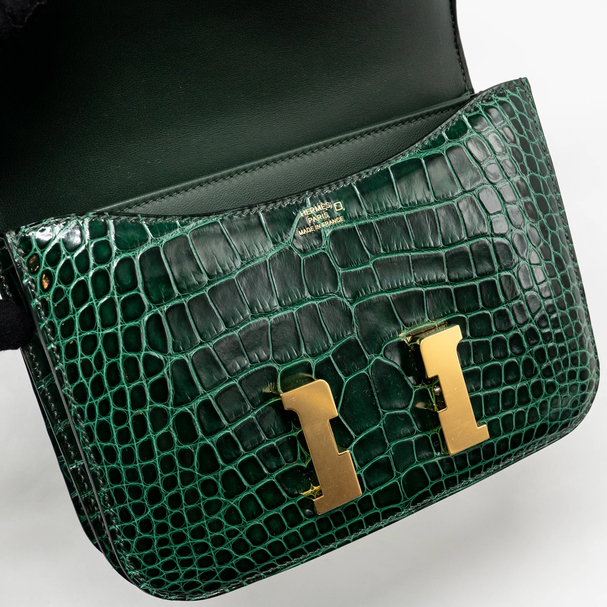 Hermes mini constance shiny alligator mississippiensis vert fonce GHW stamp U - Image 13
