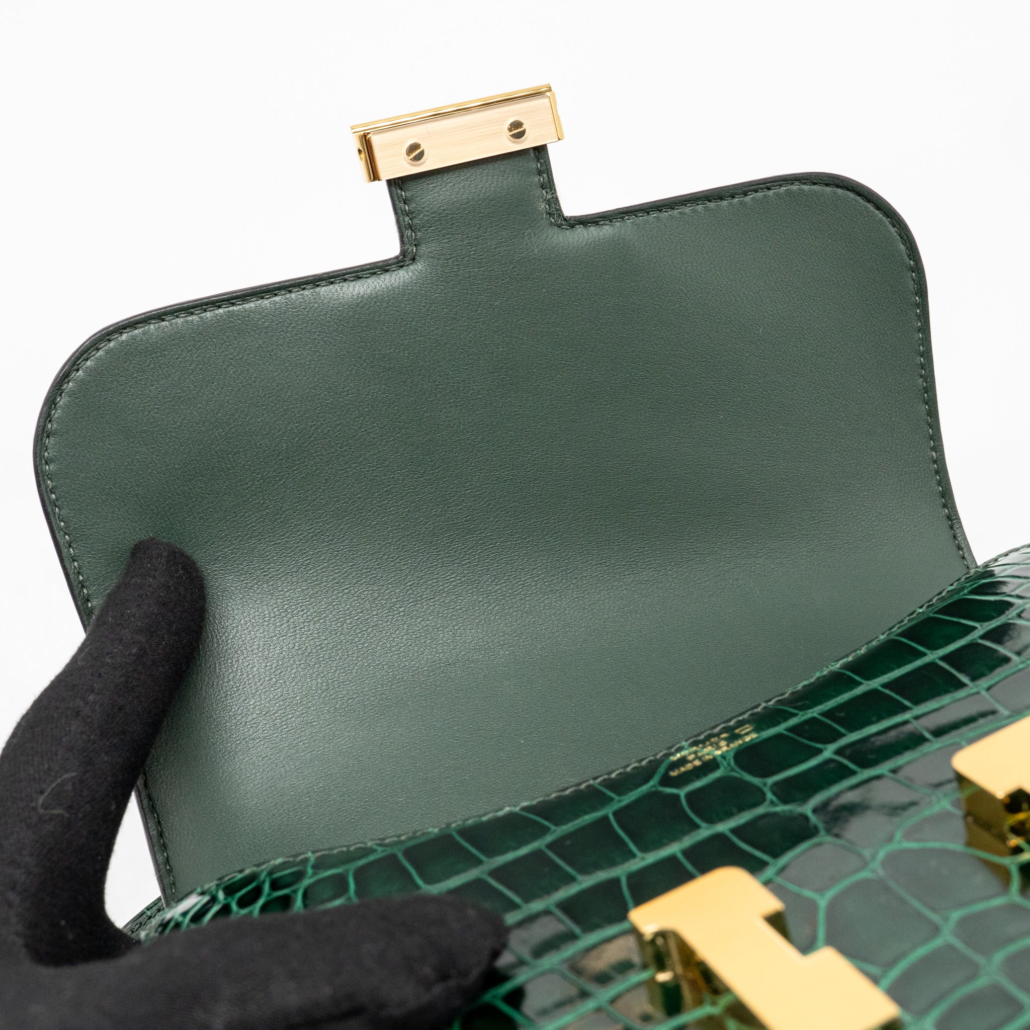 Hermes mini constance shiny alligator mississippiensis vert fonce GHW stamp U - Image 14