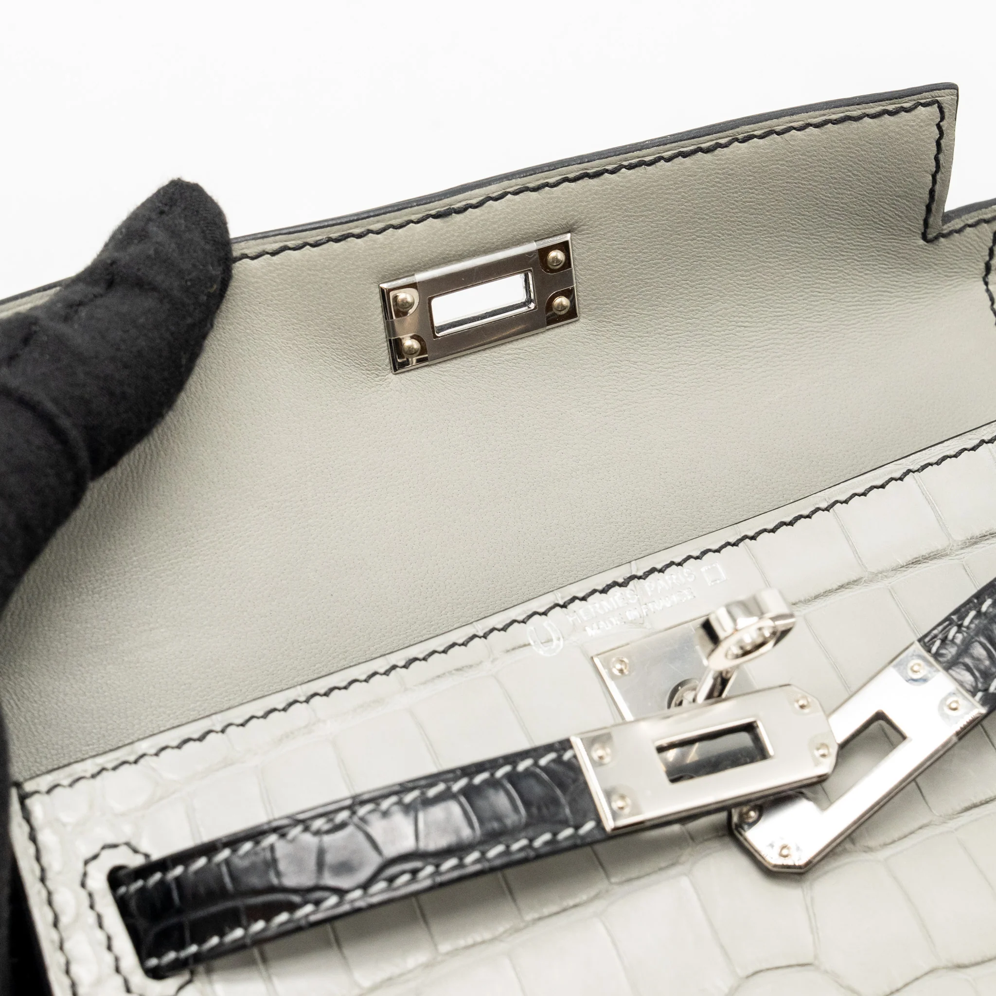 Hermes Mini Kelly II Alligator Mississippiensis Matt Gris Perle / black SHW stamp B - Image 17
