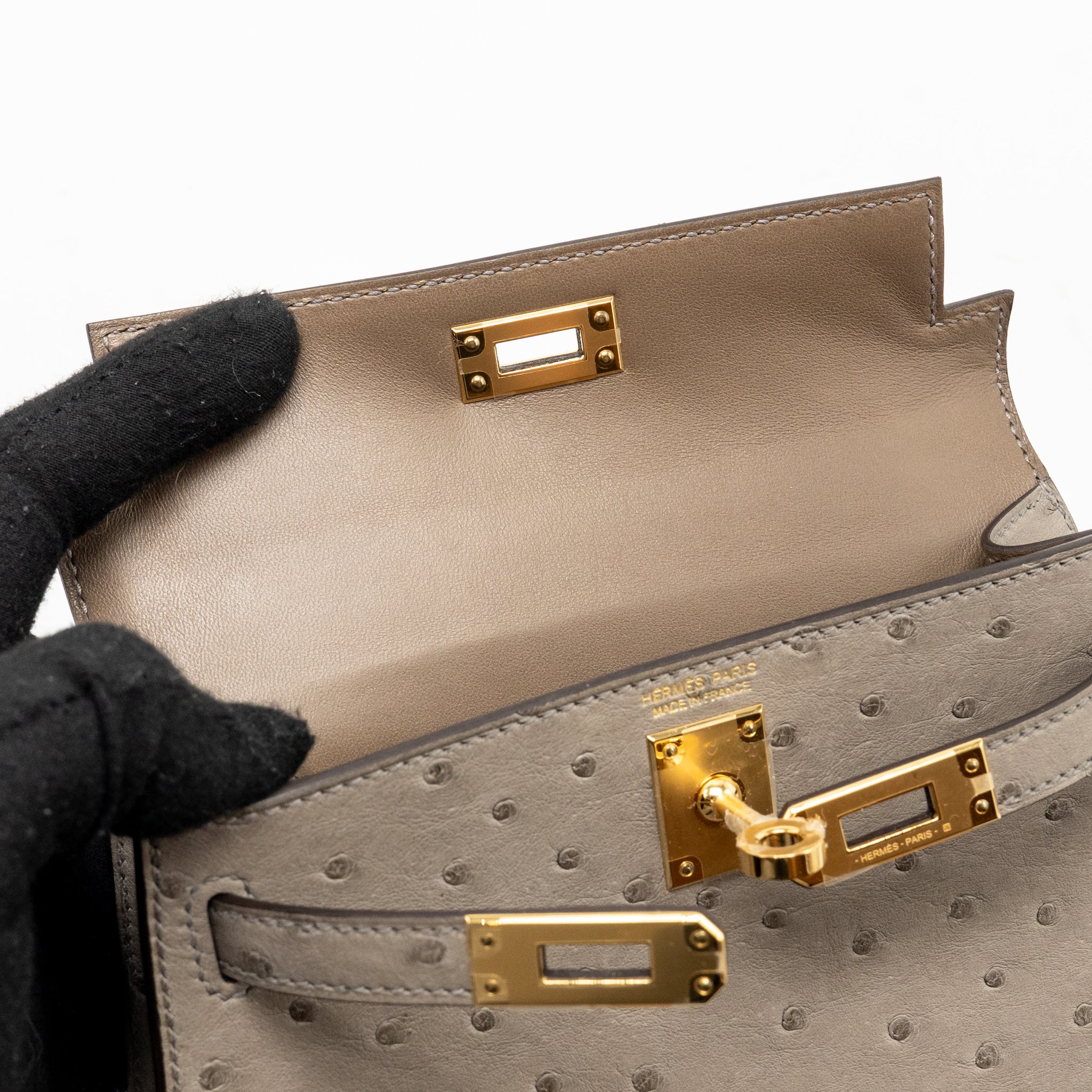 Hermes Mini Kelly II Ostrich Gris Tourterelle GHW Stamp U - Image 16