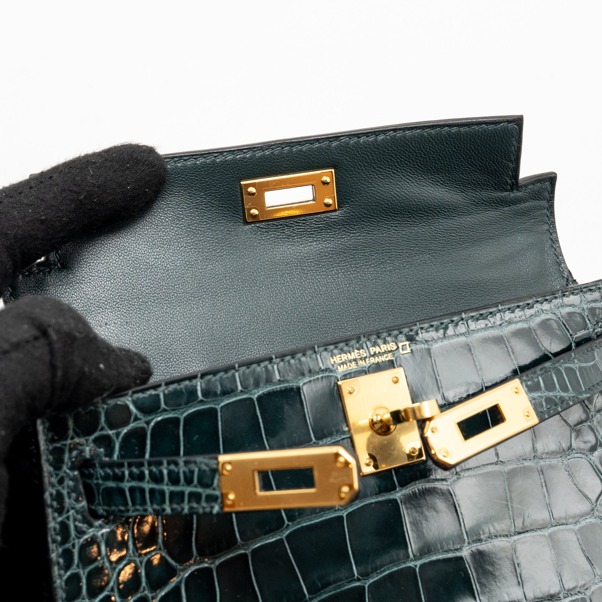 Hermes Mini Kelly II Shiny Alligator Mississippiensis 6O Vert Cypres GHW Stamp Y - Image 17