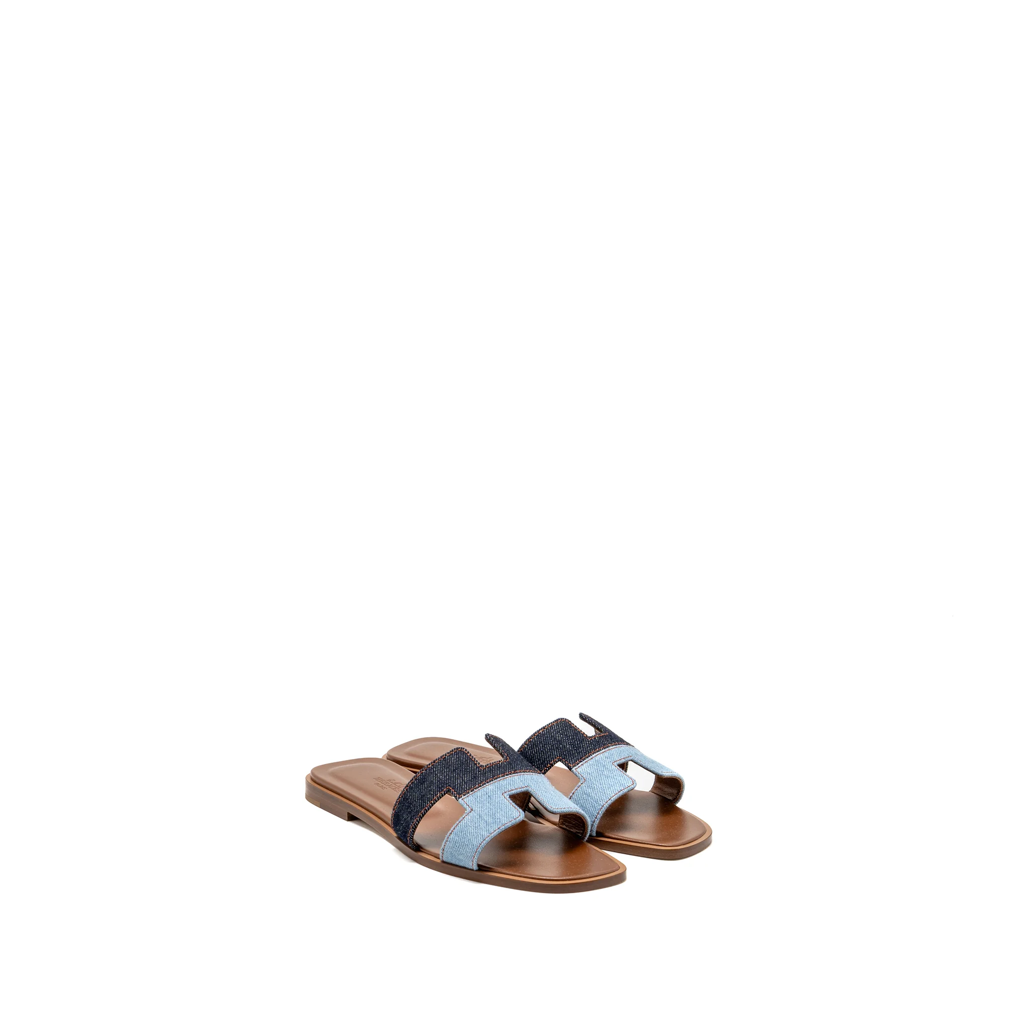 Hermes Size 37 Oran Sandals Denim/Leather Bleu Brut/Bleu