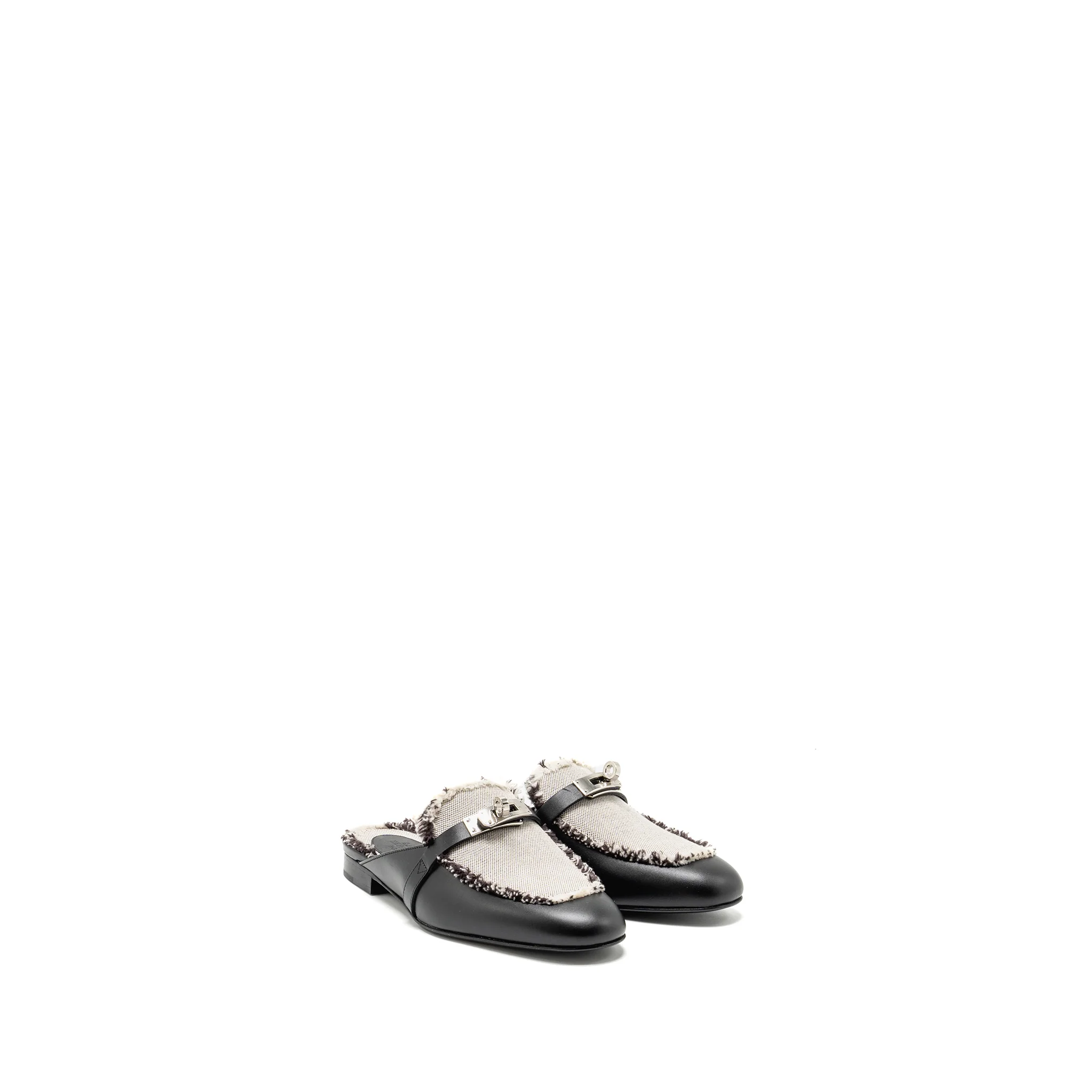 Hermes size 36 OZ Mule fringed Canvas / Calfskin black / beige SHW